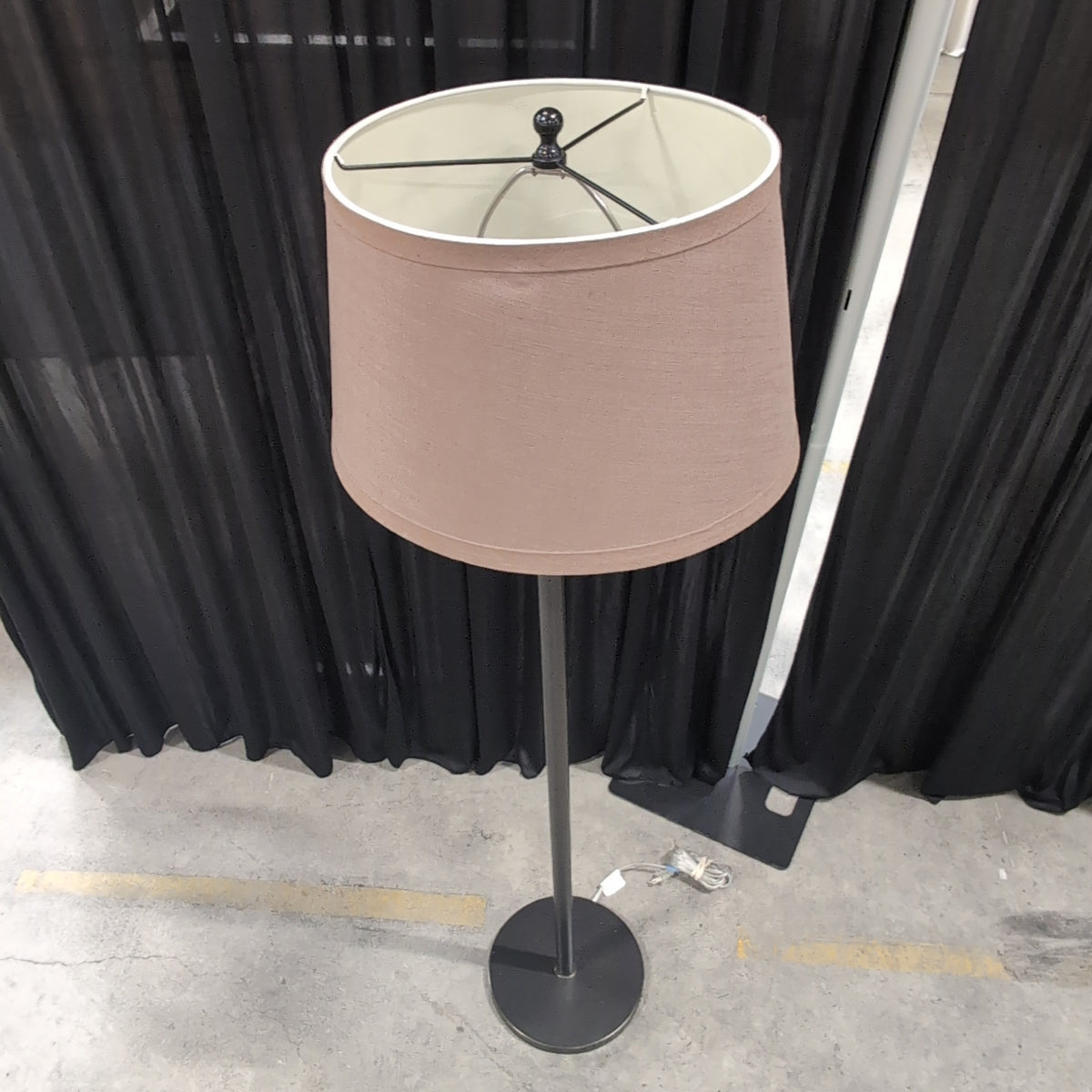 Black Metal Swing Arm Floor Lamp with Tan Shade