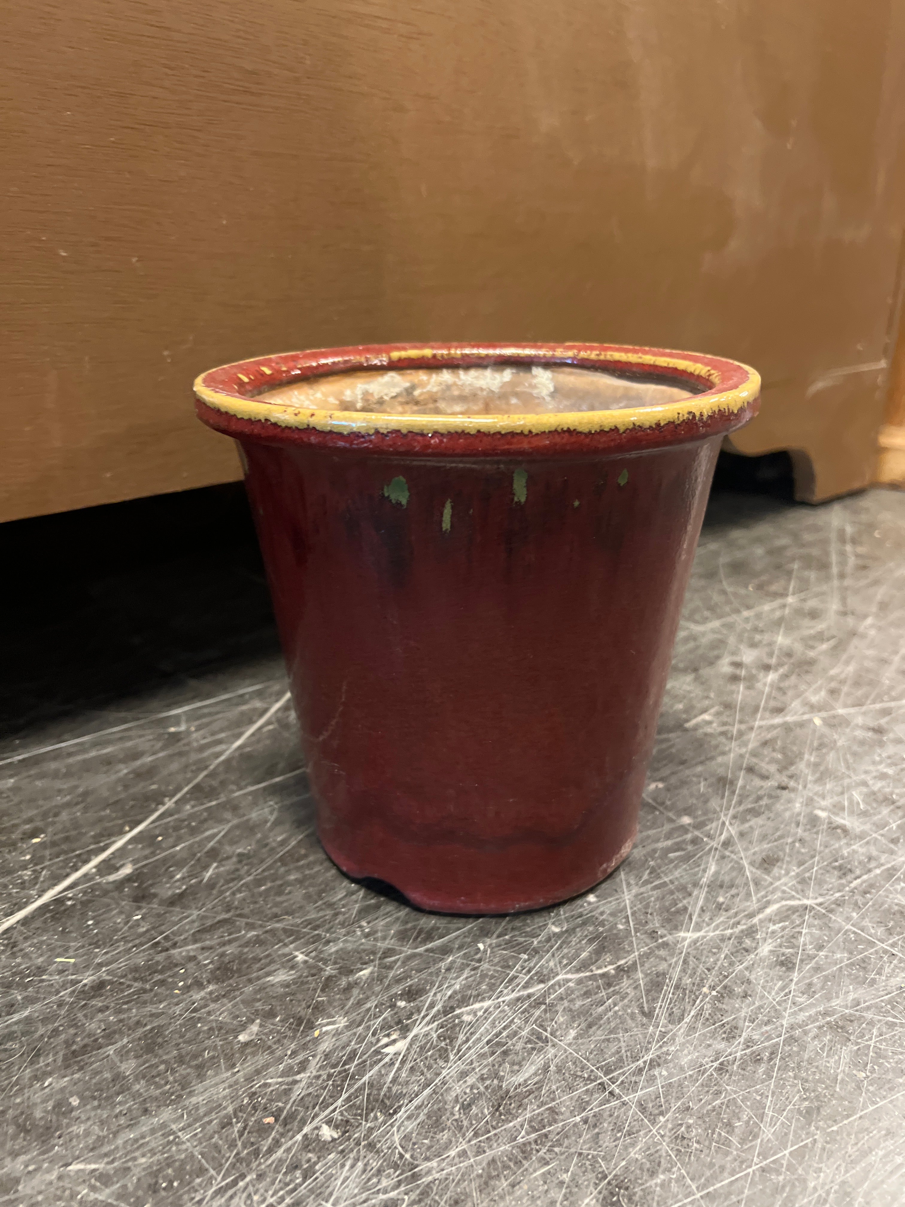 Small Burgundy Ceramic Planter with Yellow Rim