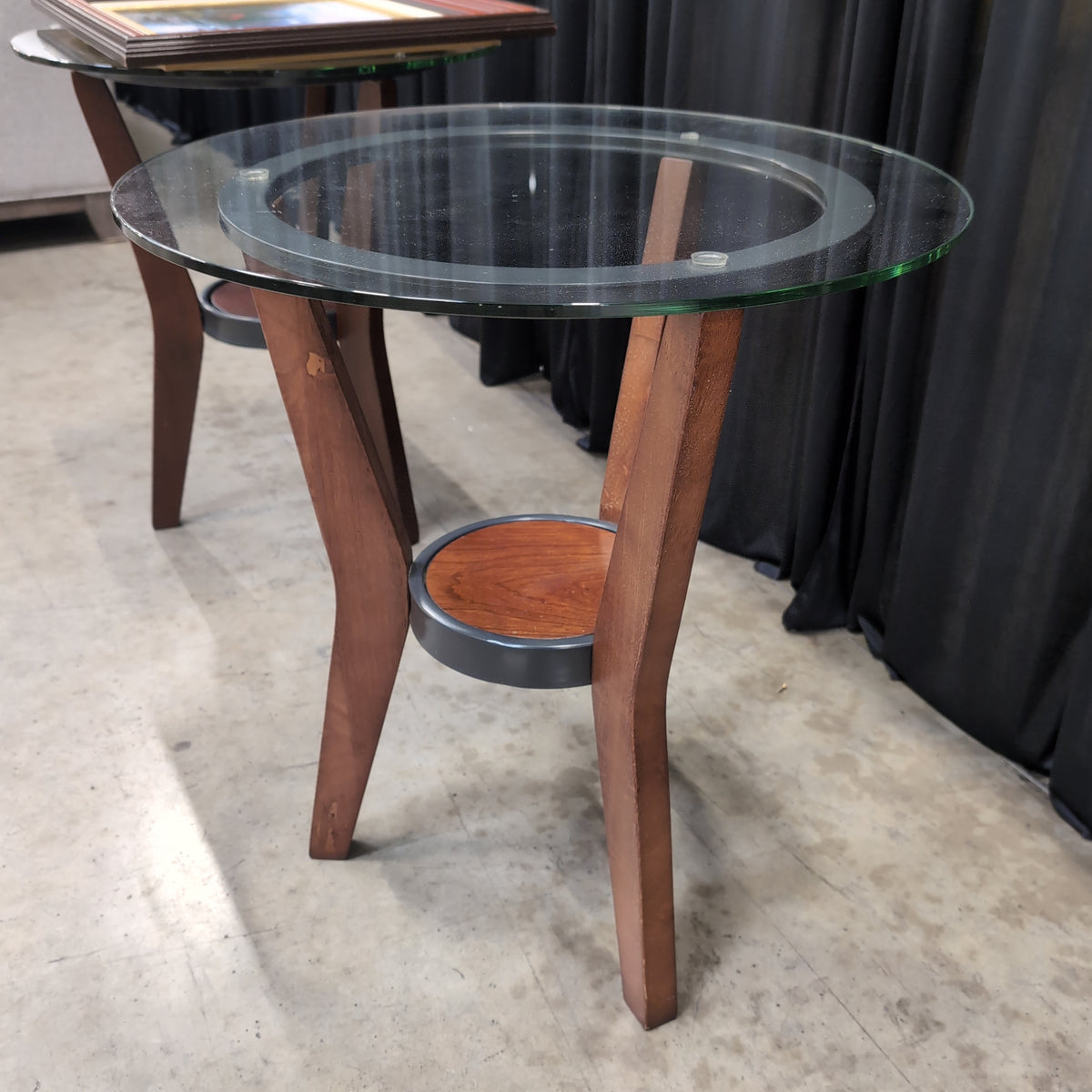 Round Glass Top End Table with Wood Base