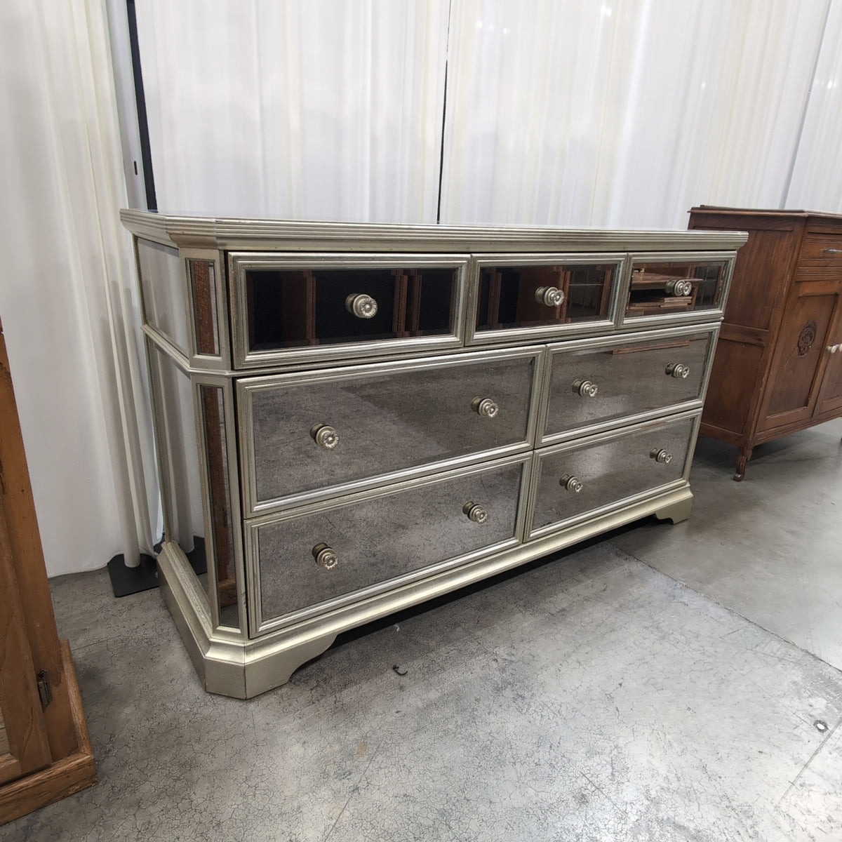 Champagne Mirrored Seven-Drawer Dresser with Ornate Pulls