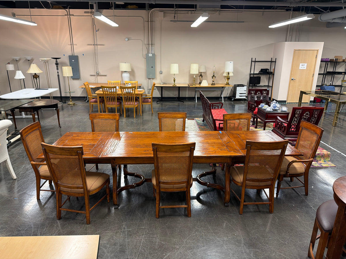 Acquisitions by Henredon 9-Piece Dining Set, Trestle Extension Table and 8 Cane Back Chairs