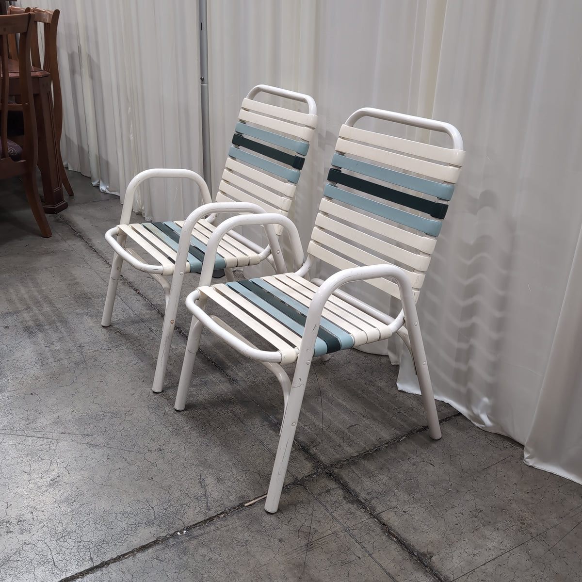 Vintage Cream Metal Patio Chair with Blue Straps