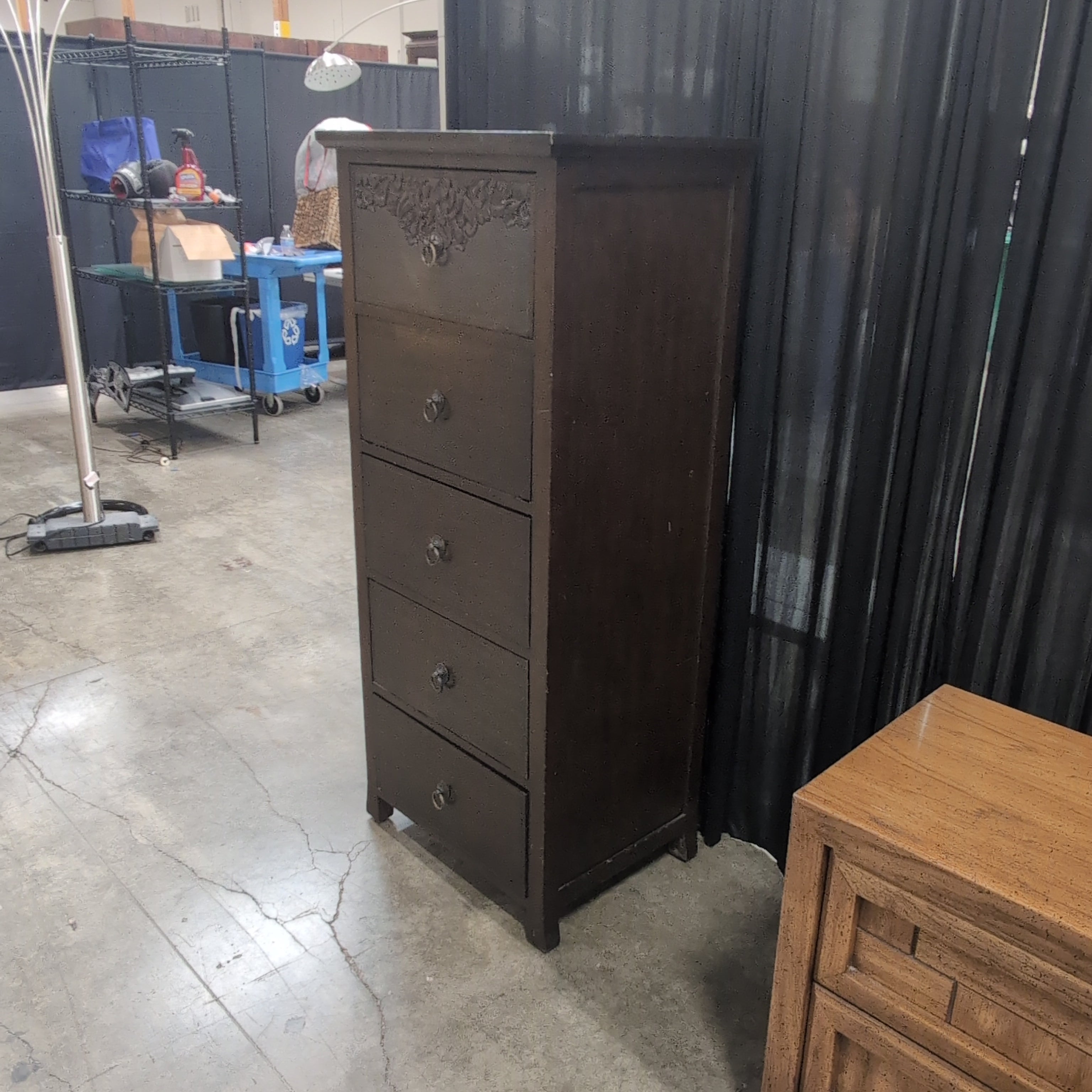 Dark Brown Wood Five-Drawer Dresser with Carved Top