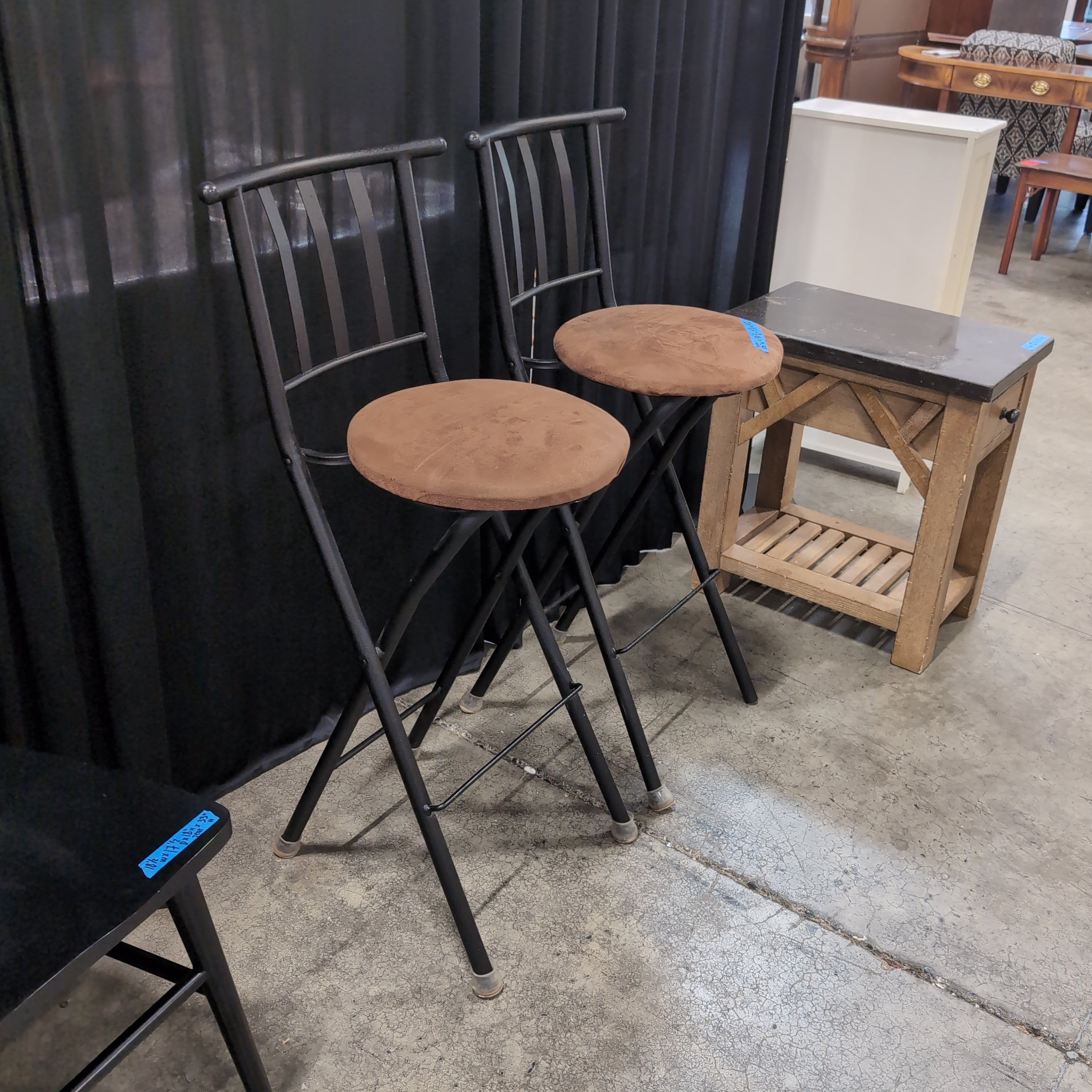 Pair of Grey Metal Ladder Back Bar Stools with Brown Upholstery