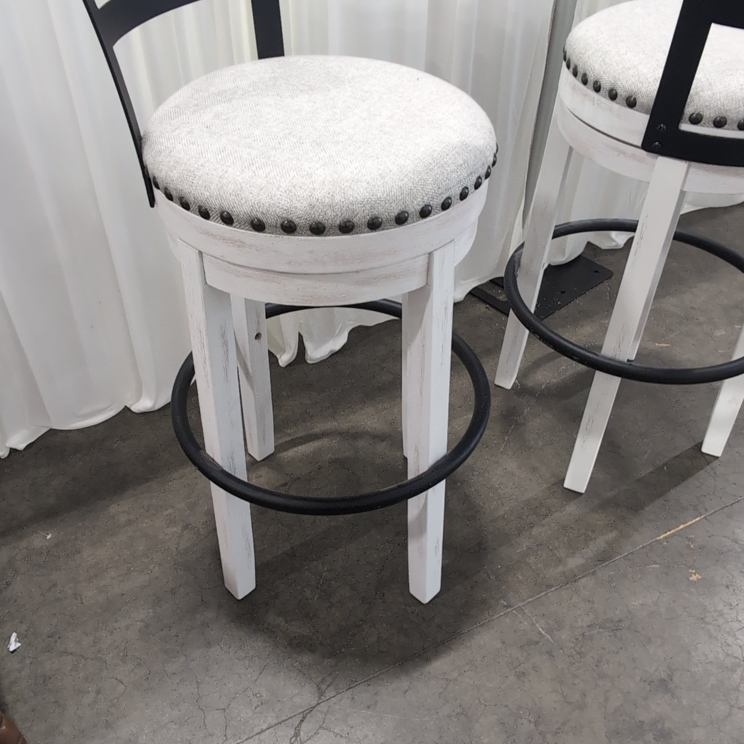Distressed White Wood Backrest Bar Stool with Upholstered Seat