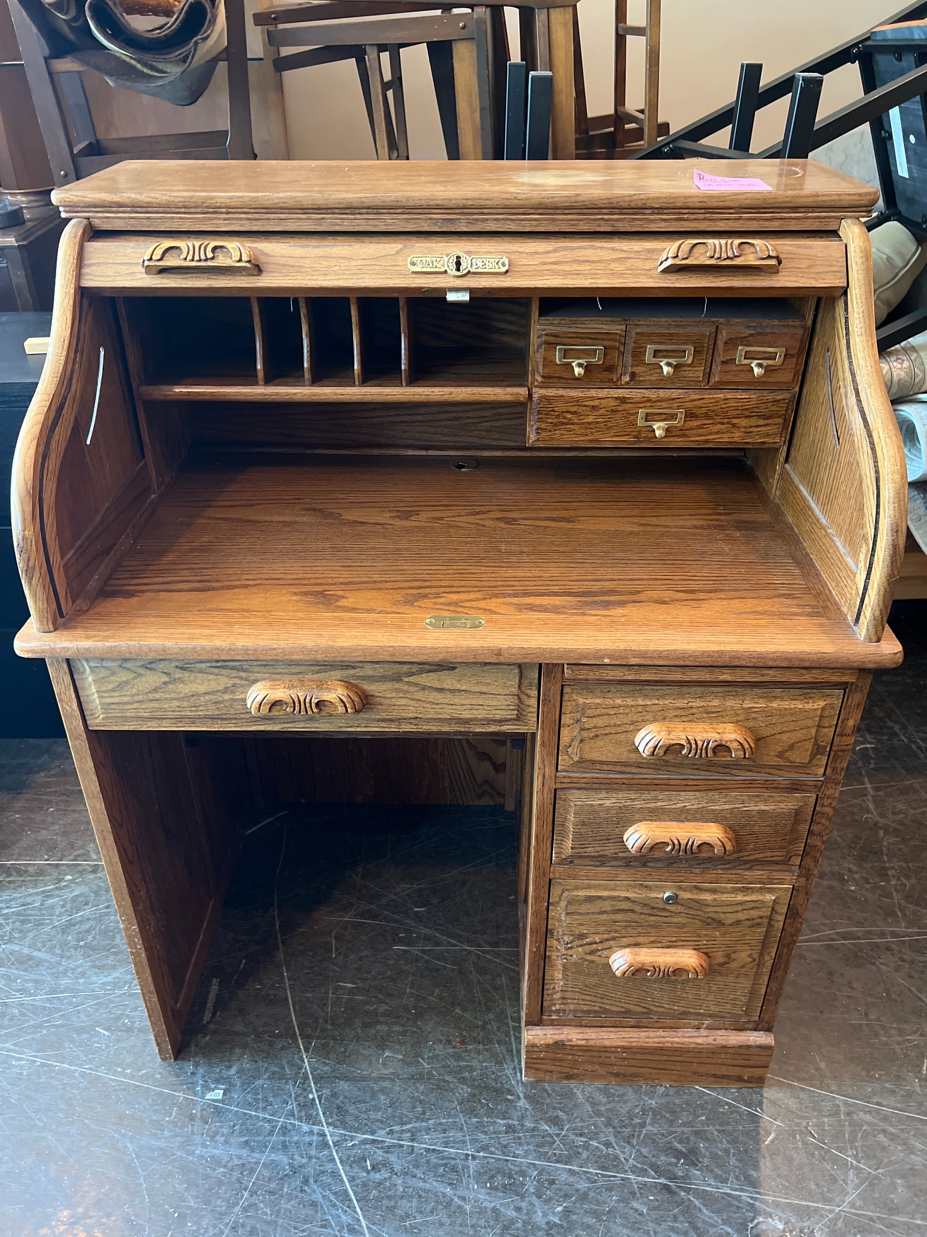 Solid Oak Roll-Top Desk with Drawers