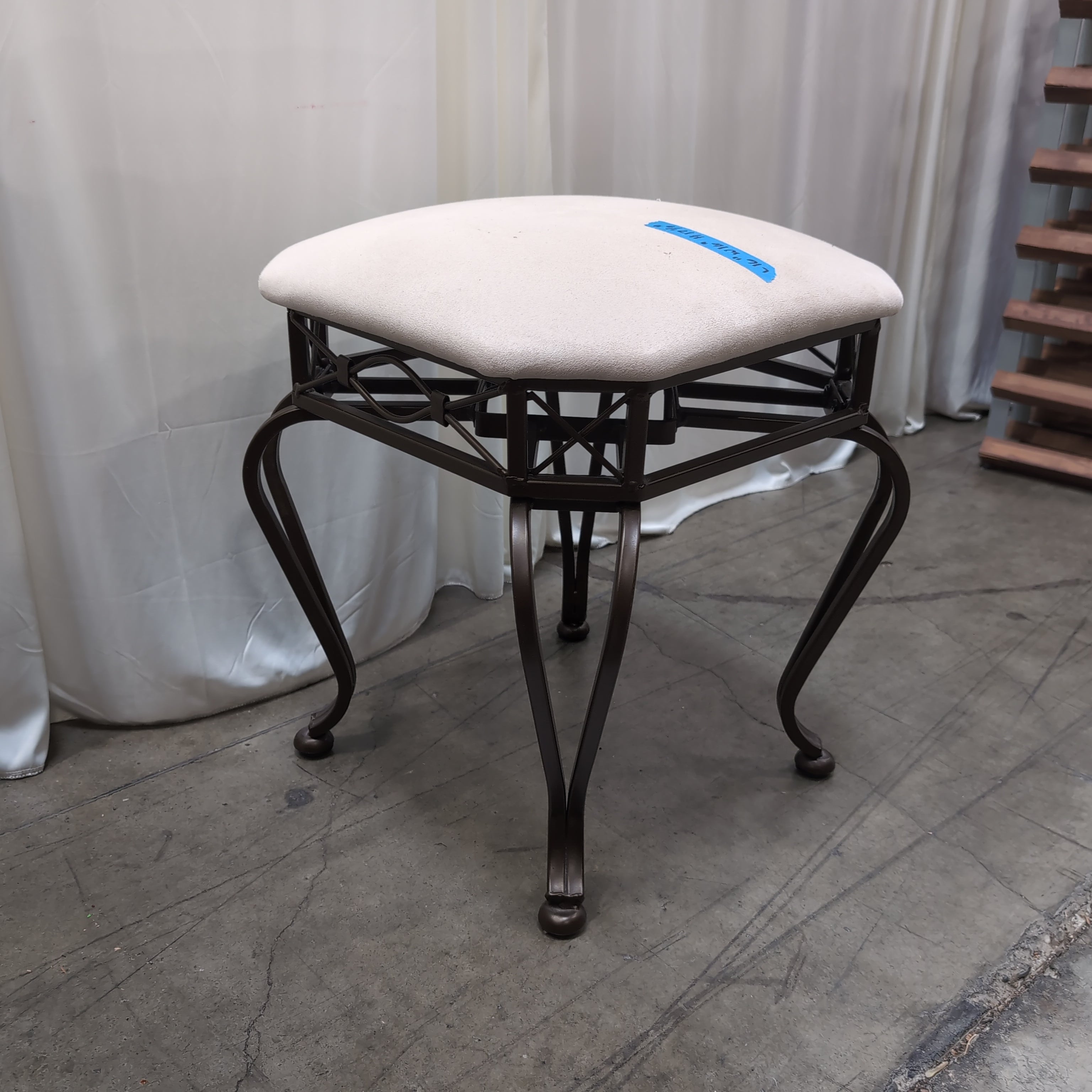 Dark Bronze Ornate Metal Vanity Stool with Cream Upholstery