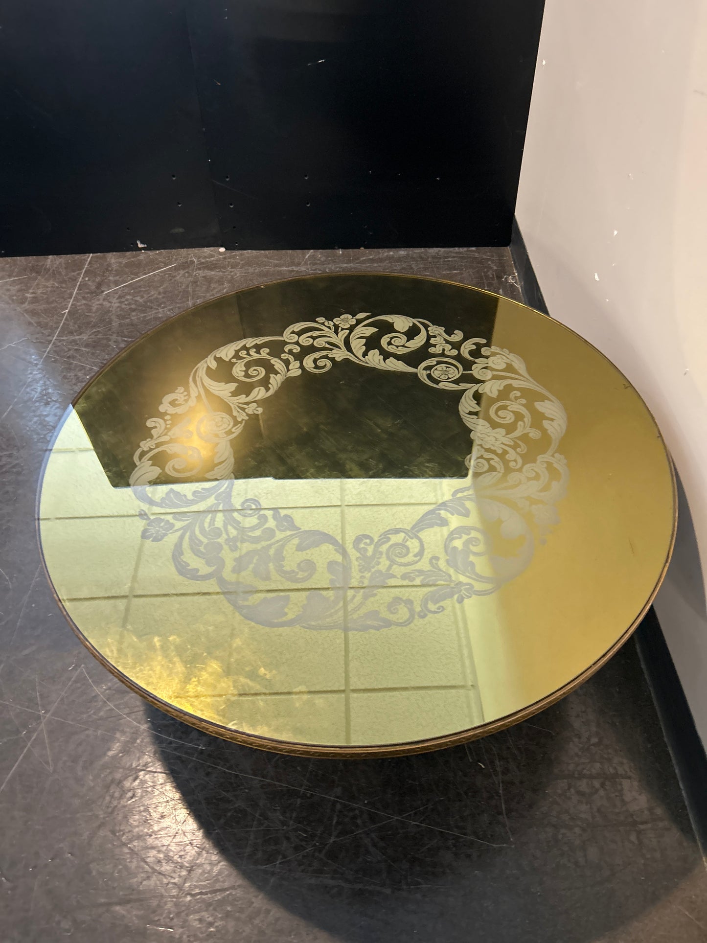 Gold Mirrored Round Coffee Table with Etched Design