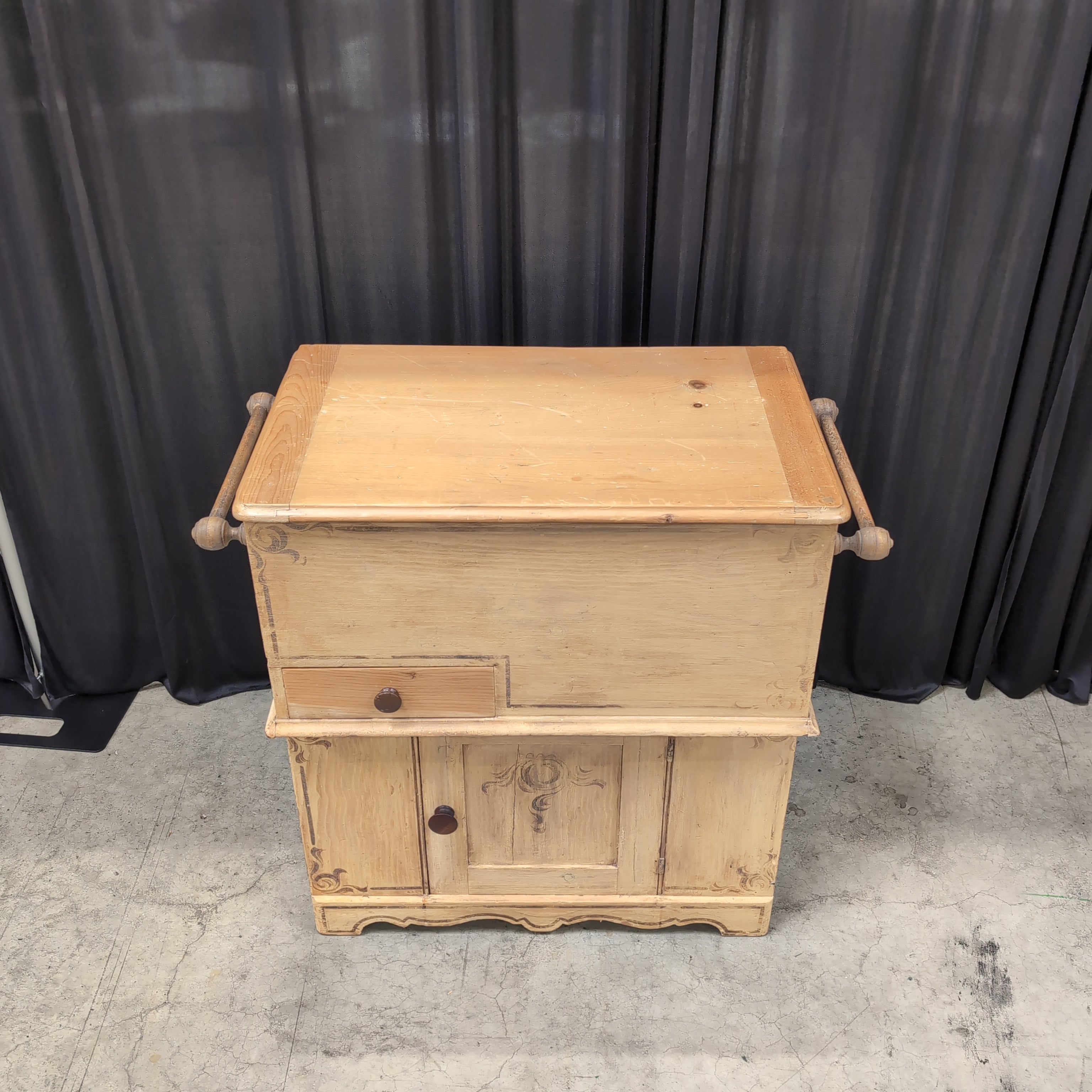 Pine lift-top washstand and dry sink cabinet