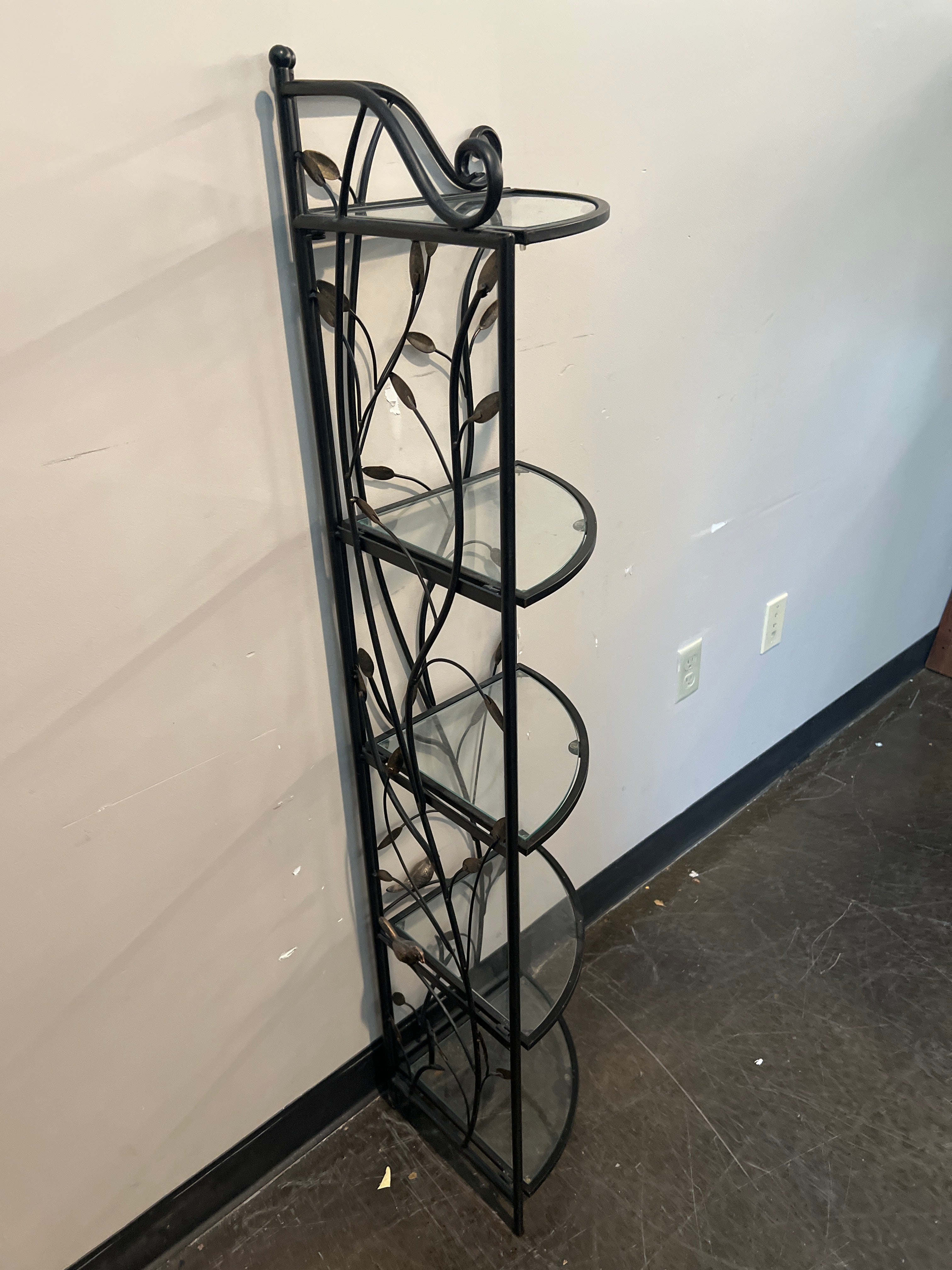 Wrought Iron and Glass Corner Shelf with Leaf Detail