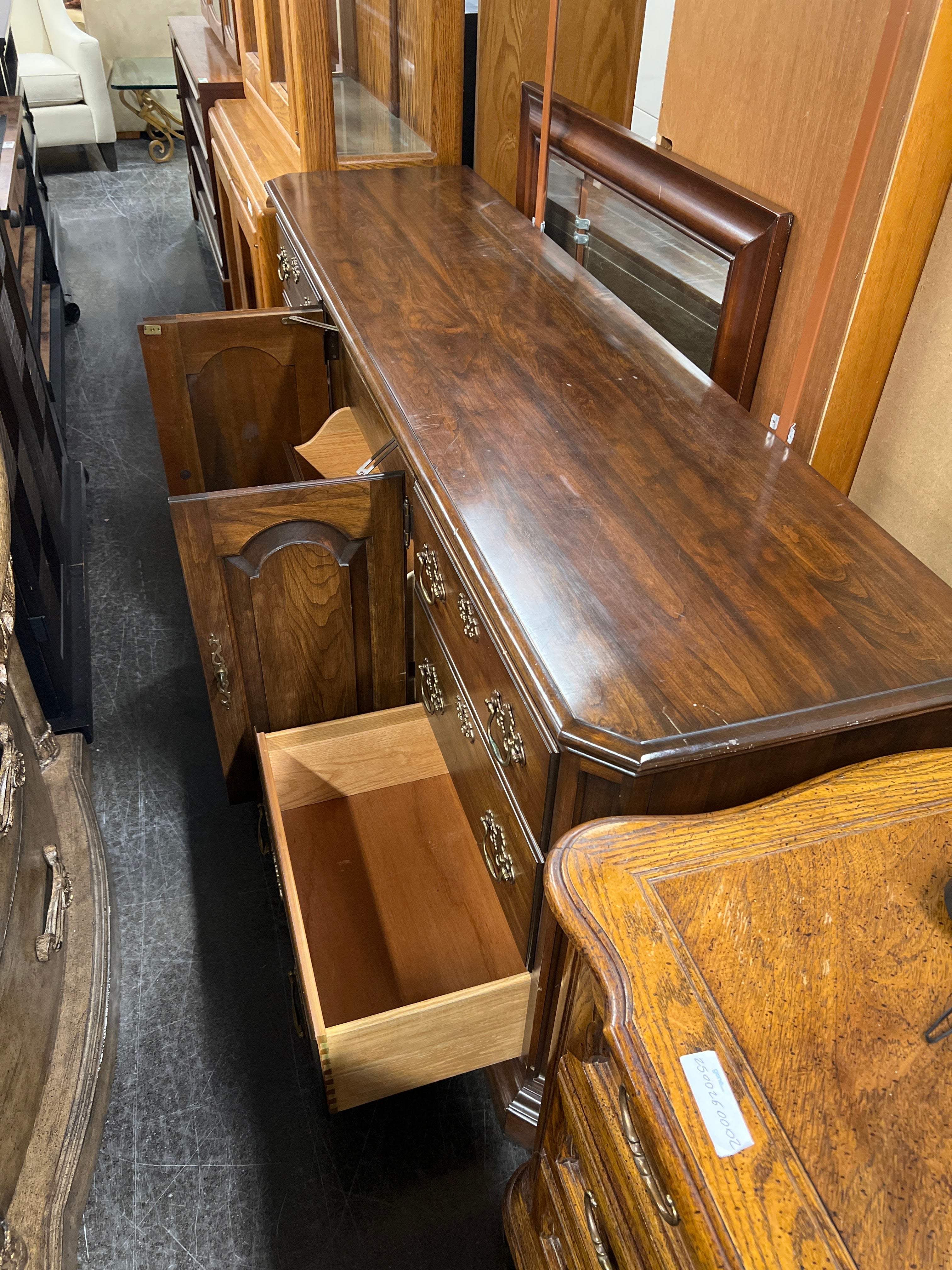 Large Lowboy Dresser with Bronze Pulls and Mirror