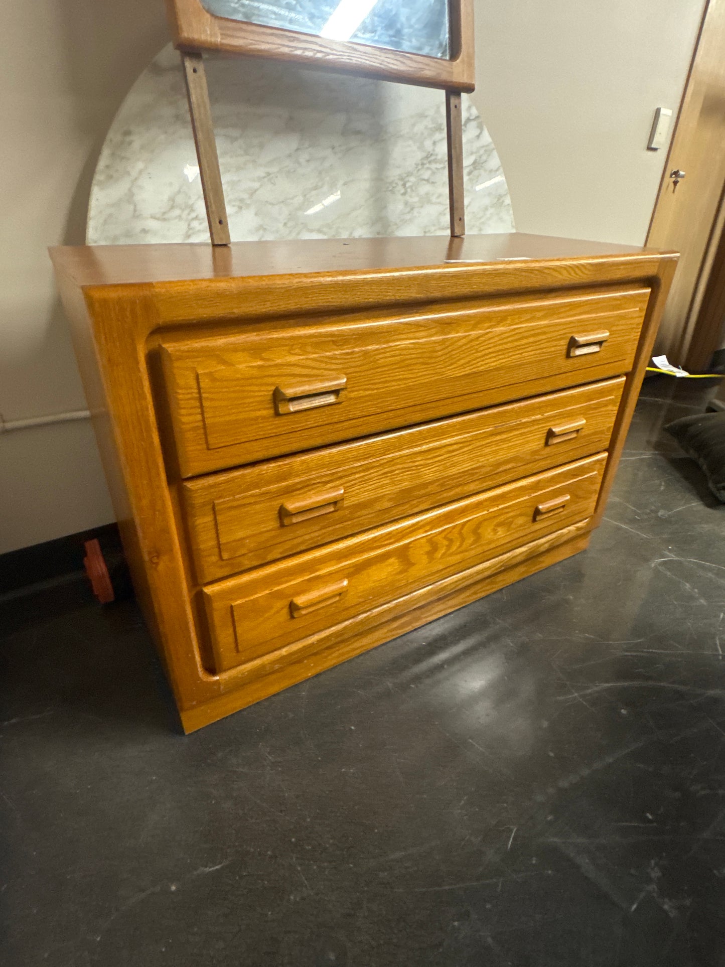Oak Wood Three-Drawer Dresser with Mirror
