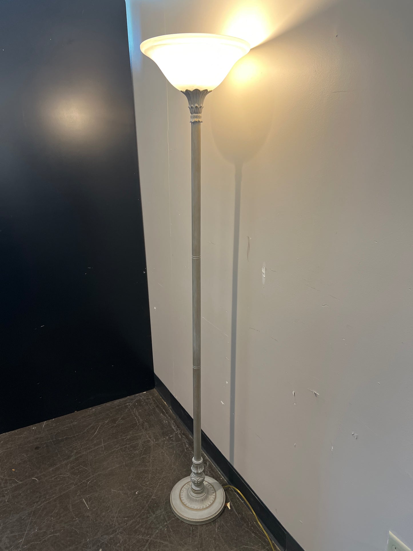 Modern Silver-Tone Torchiere Floor Lamp with Frosted Shade