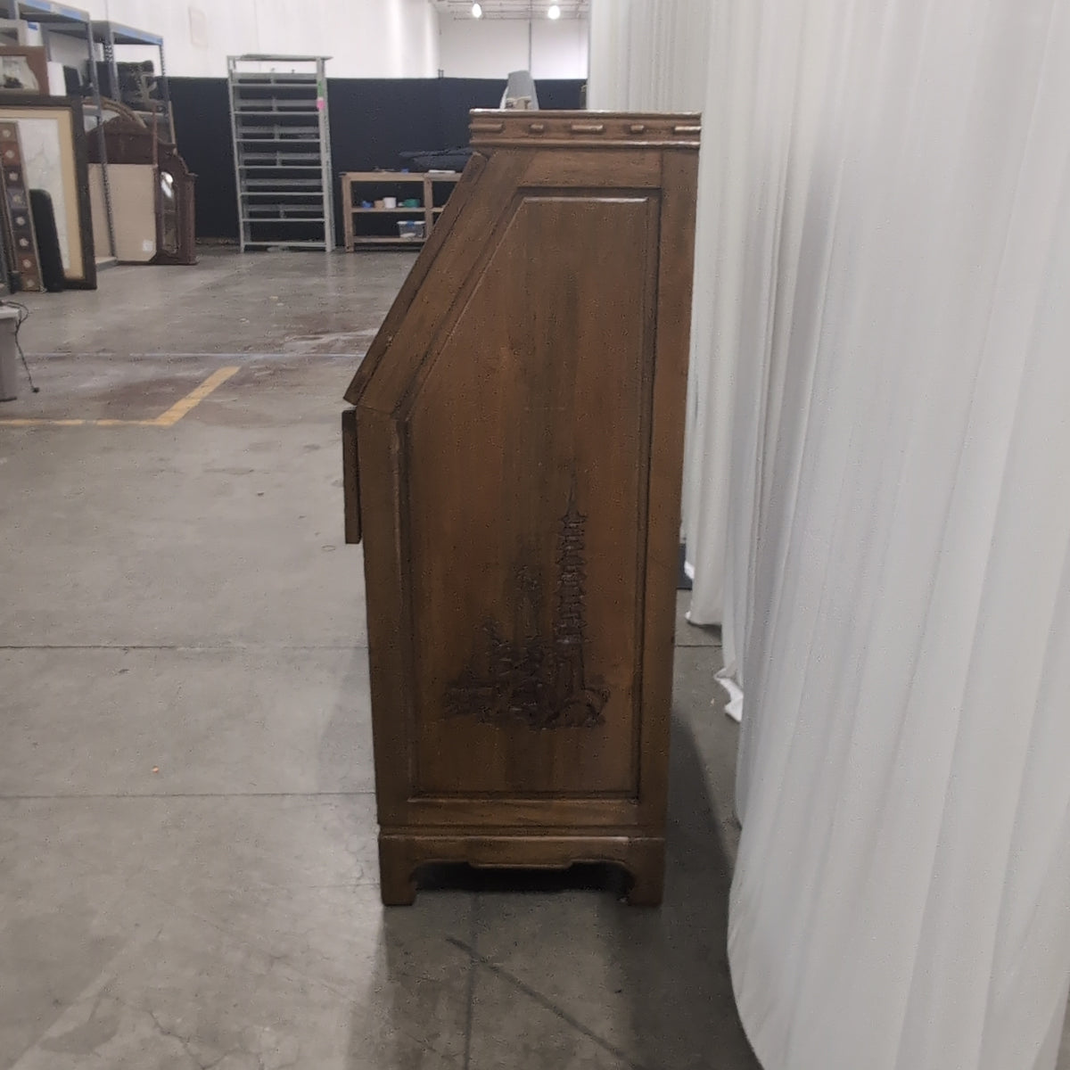 Carved Asian-Inspired Drop-Front Wood Desk