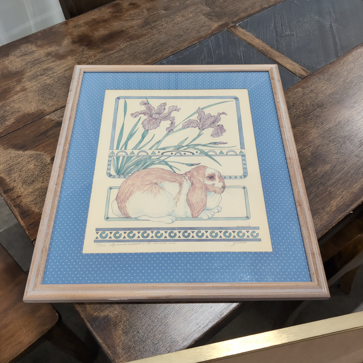 Pastel Rabbit and Iris Framed Art in Light Wood