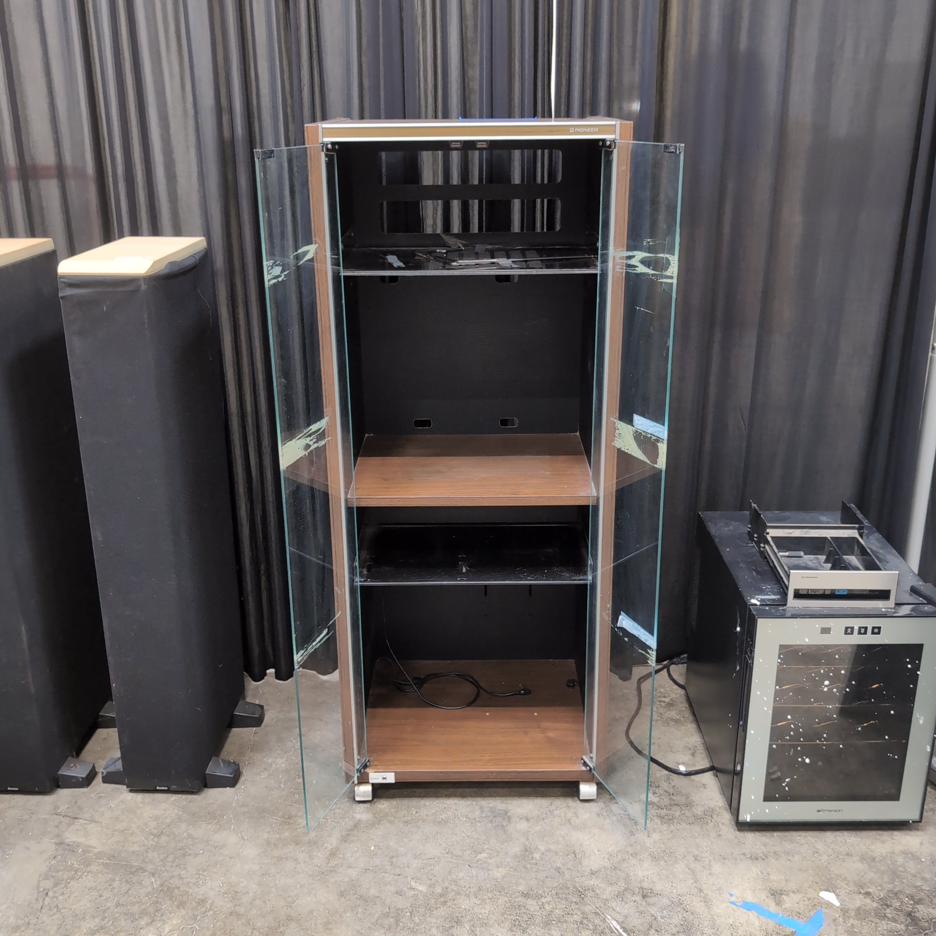 Pioneer Vintage Brown Wood TV Stand with Glass Doors