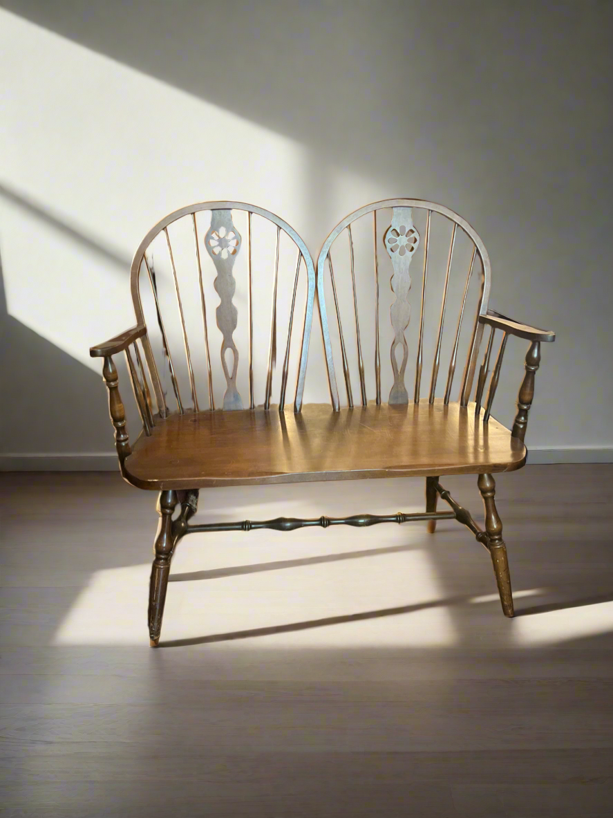Vintage Wooden Windsor-style Bench with Spindle Back