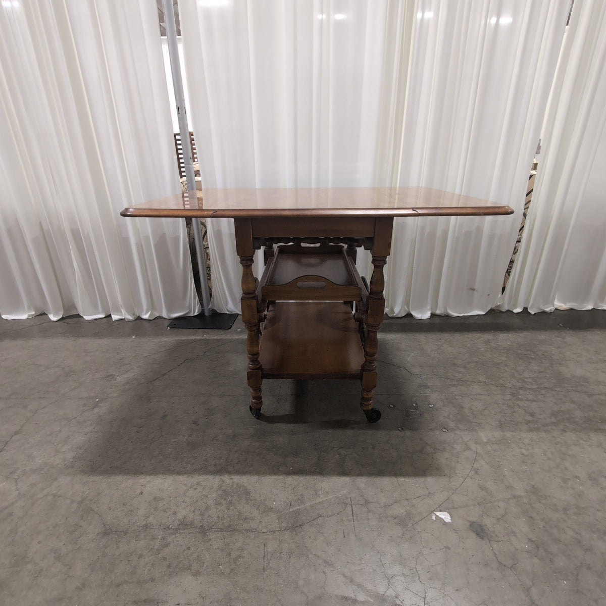Light Brown Wood Drop Leaf Serving Cart with Turned Legs