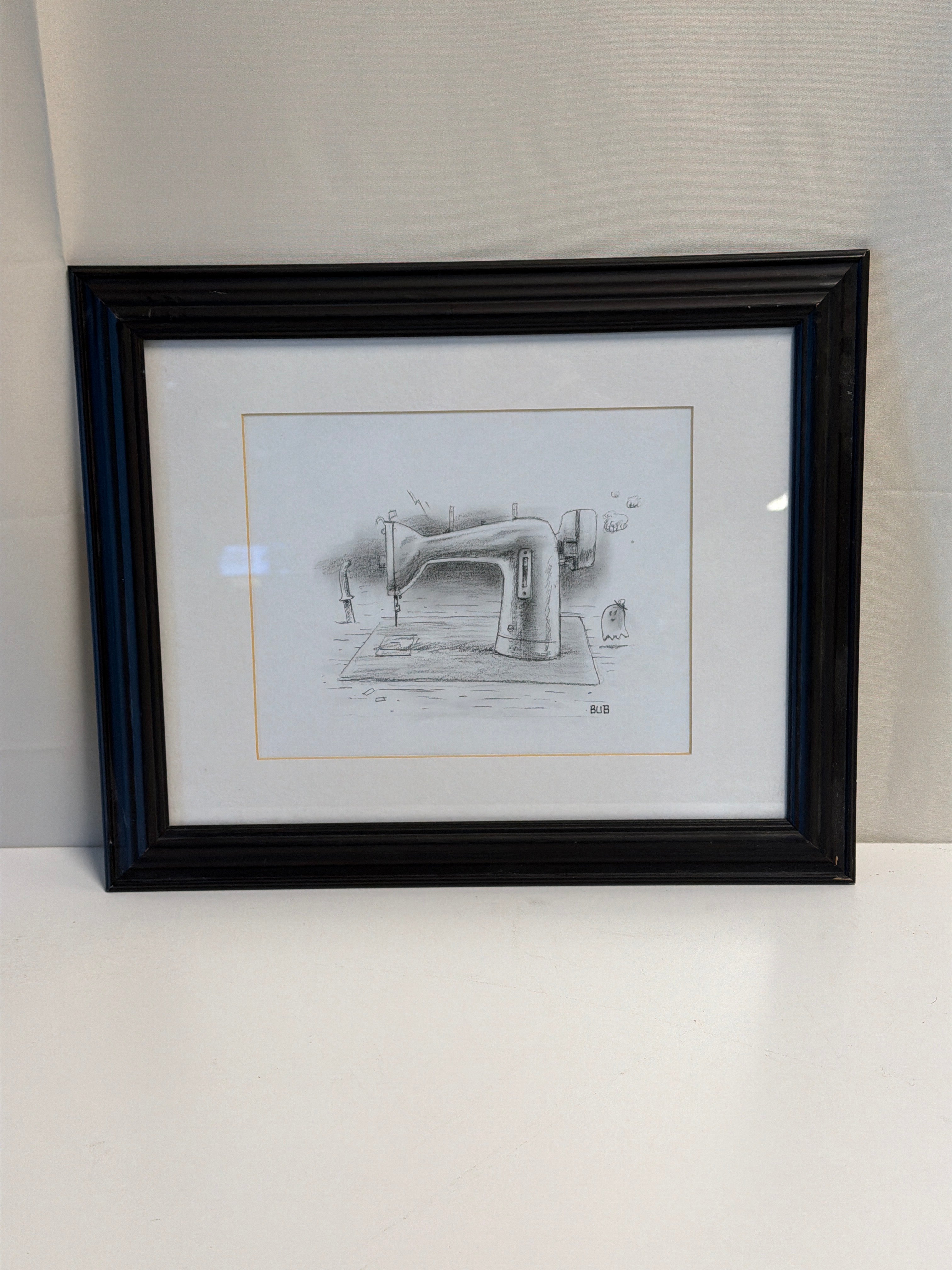 Whimsical BUB Sewing Machine Framed Pencil Sketch Artwork