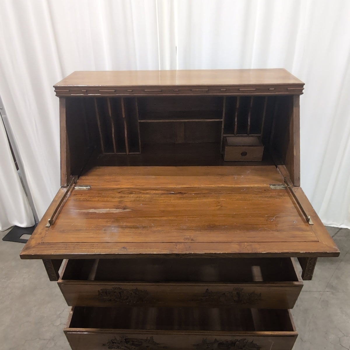 Carved Asian-Inspired Drop-Front Wood Desk