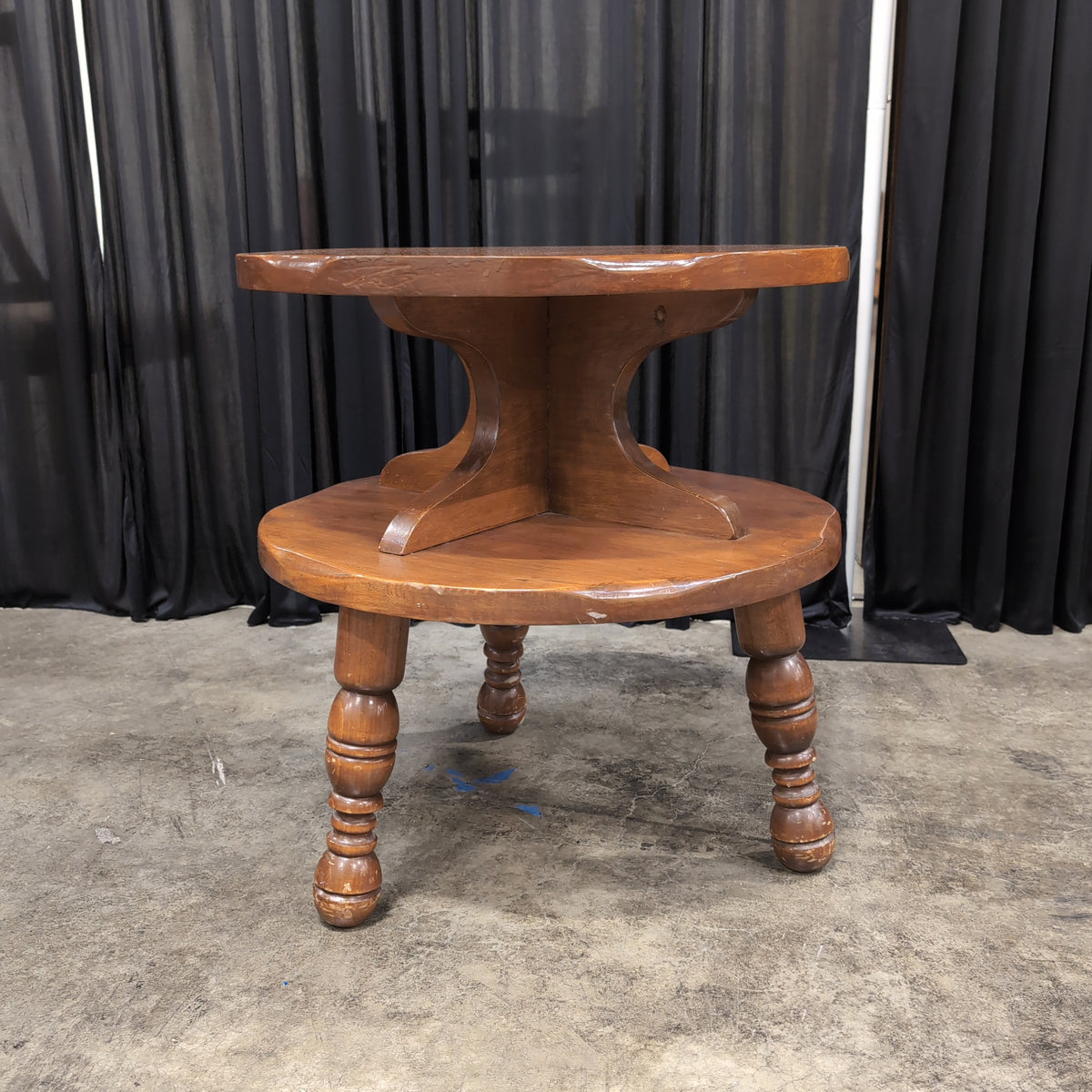 Two-Tiered Round Wood End Table with Turned Legs