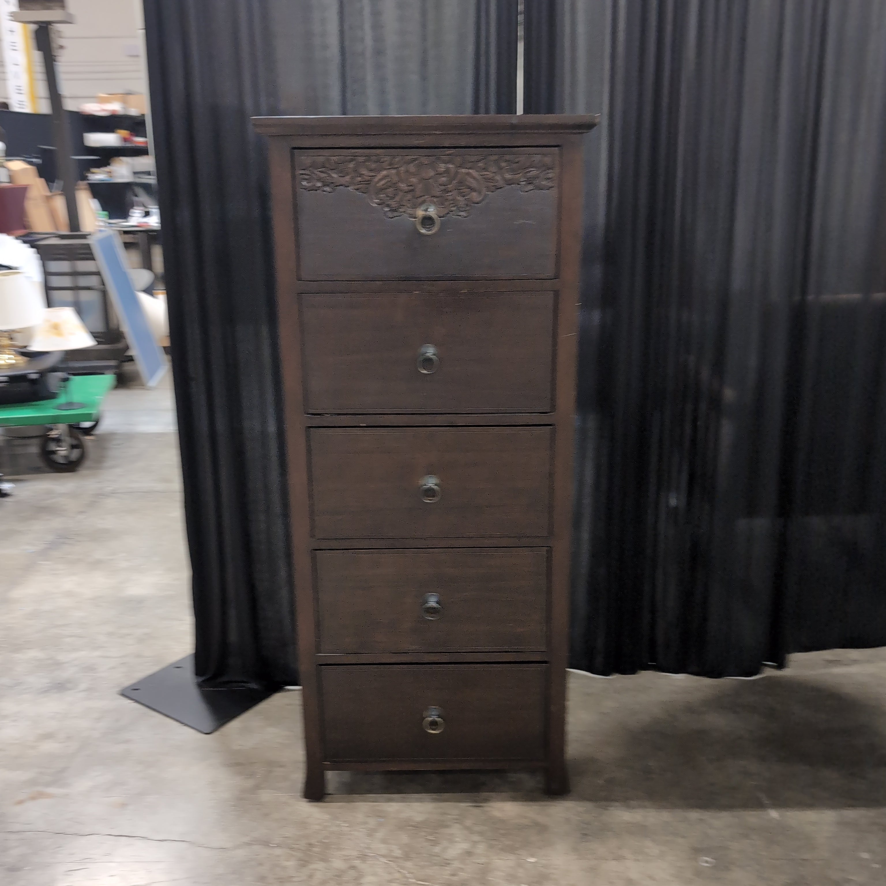 Dark Brown Wood Five-Drawer Dresser with Carved Top