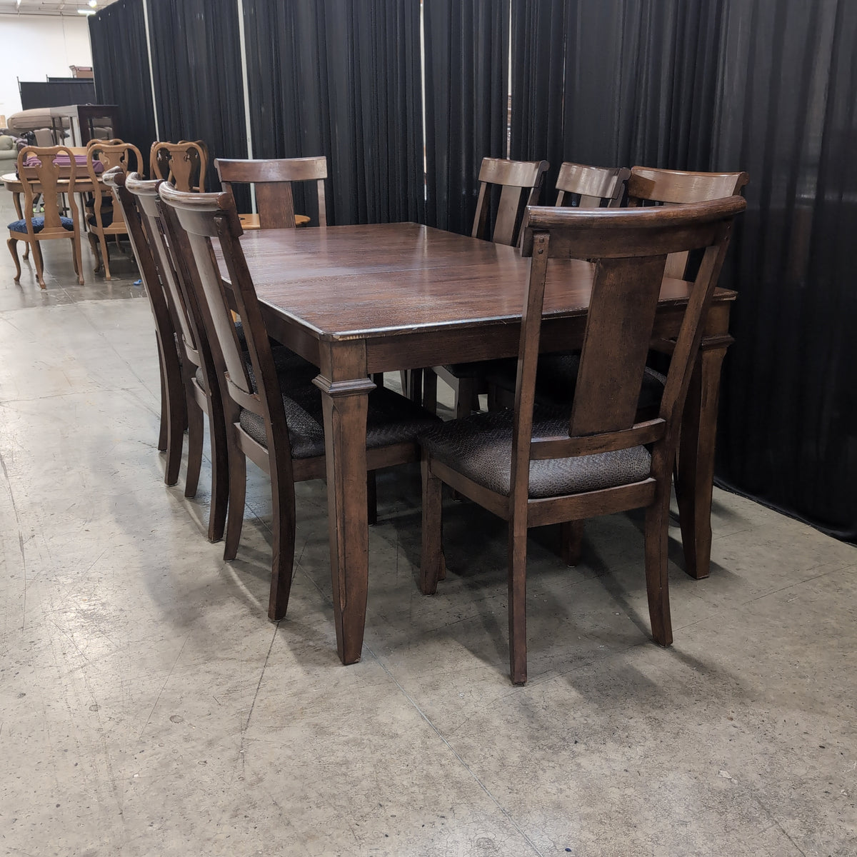 Dark Stained Wood Rectangular Dining Table with Six Chairs