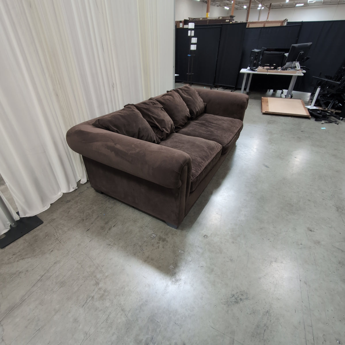 Dark Brown Plush Fabric Couch with Nailhead Trim