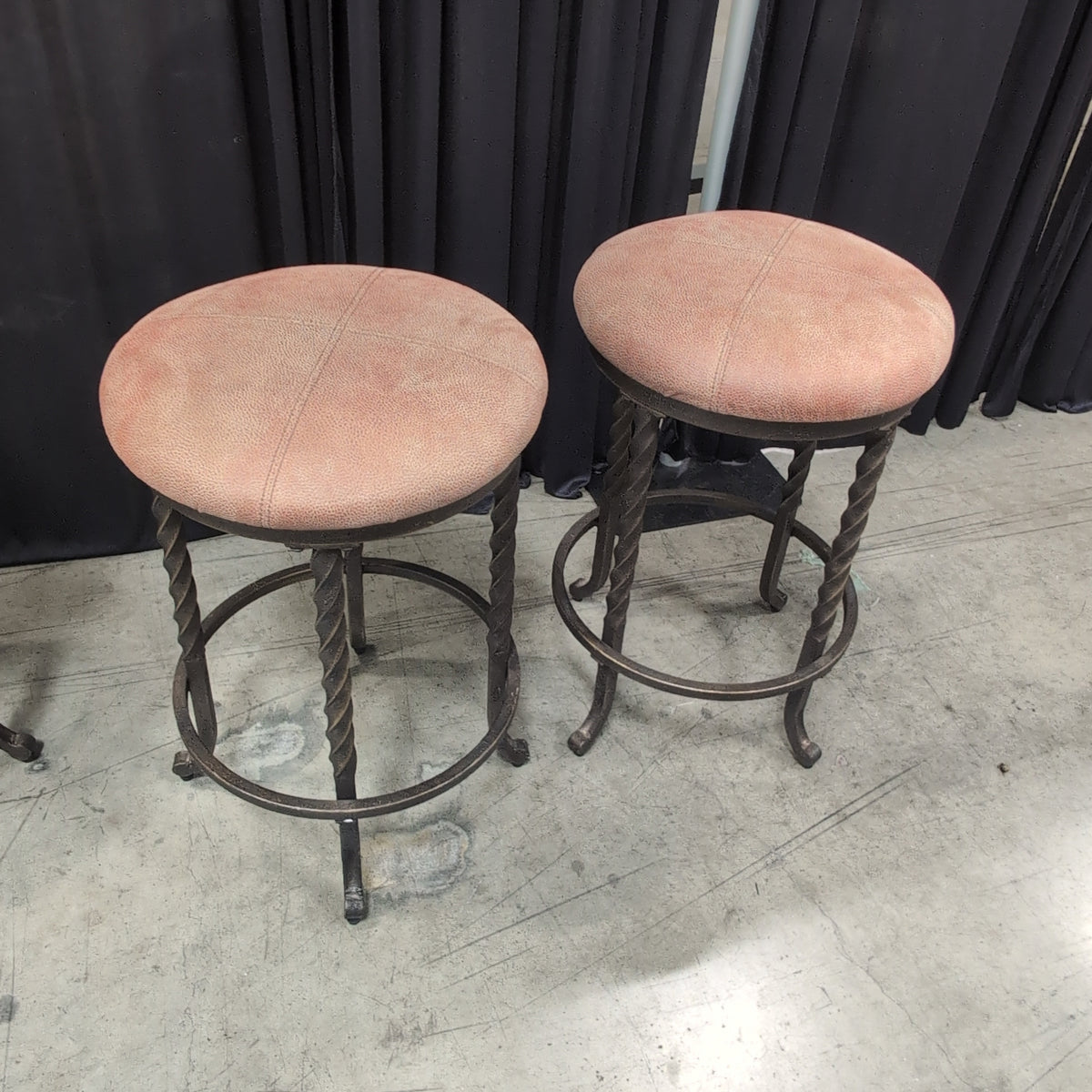Pair of Twisted Wrought Iron Bar Stools with Upholstered Seats