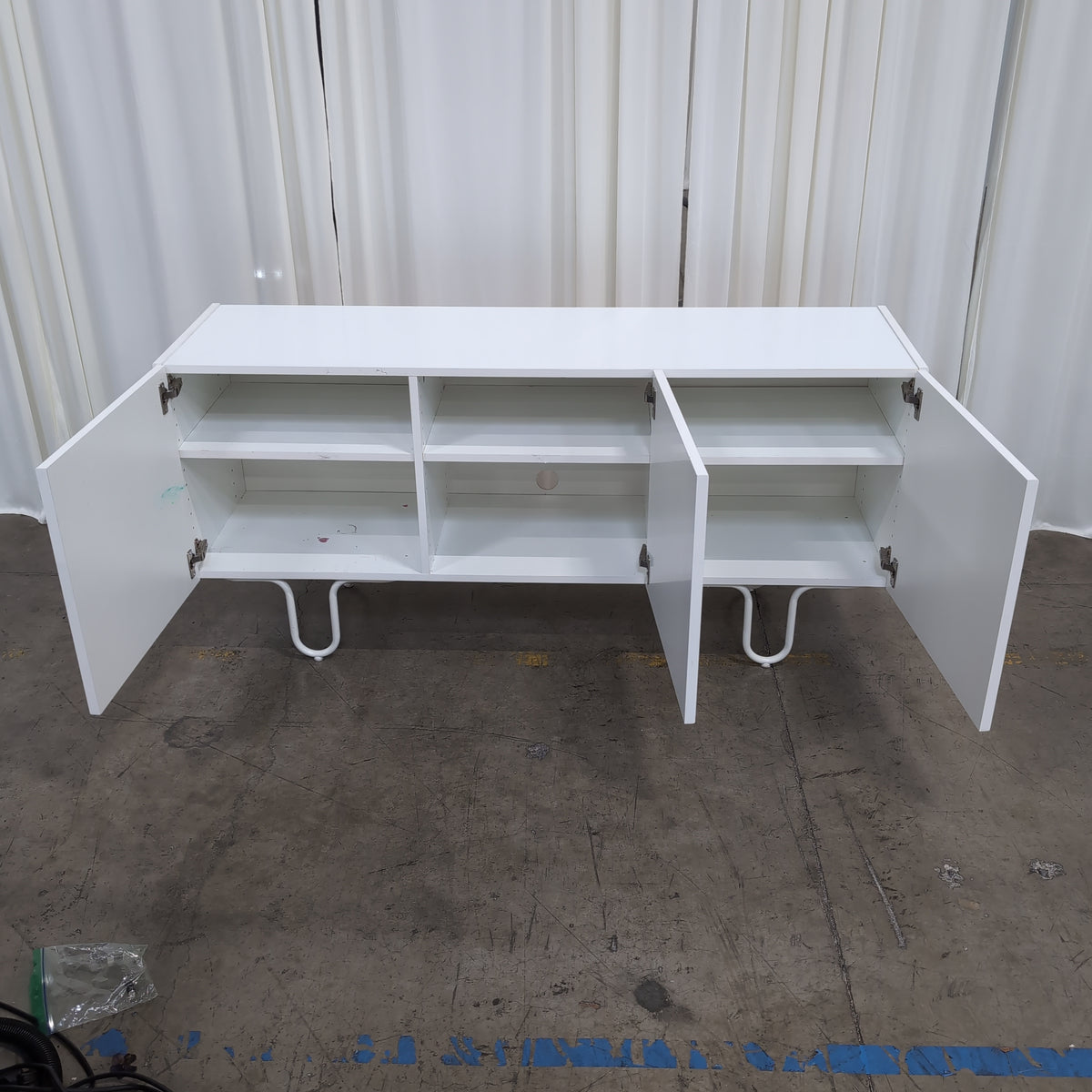 Minimalist White Three-Door TV Stand with Hairpin Legs