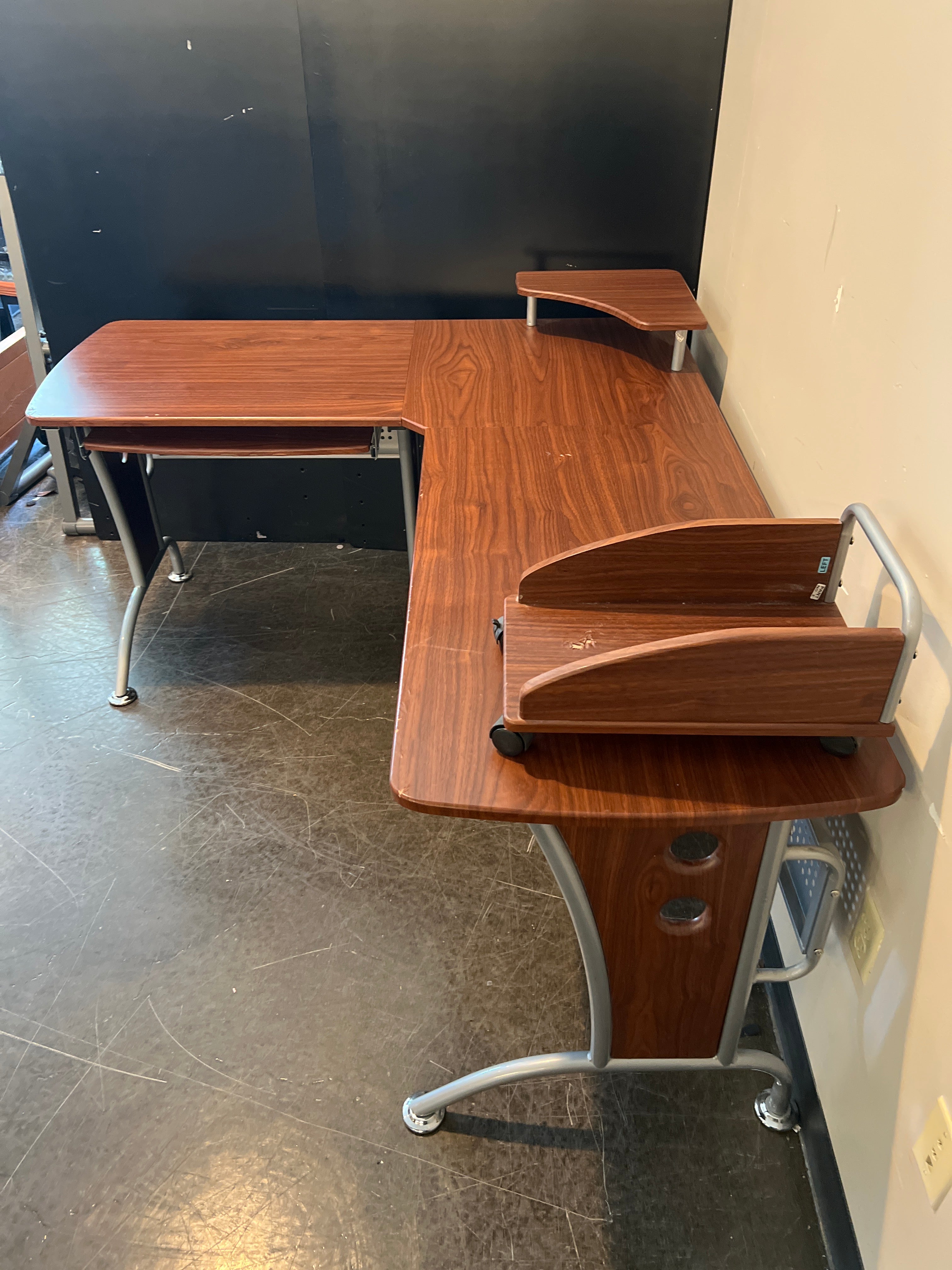 Modern L-Shaped Computer Desk with Riser and Rolling CPU Stand