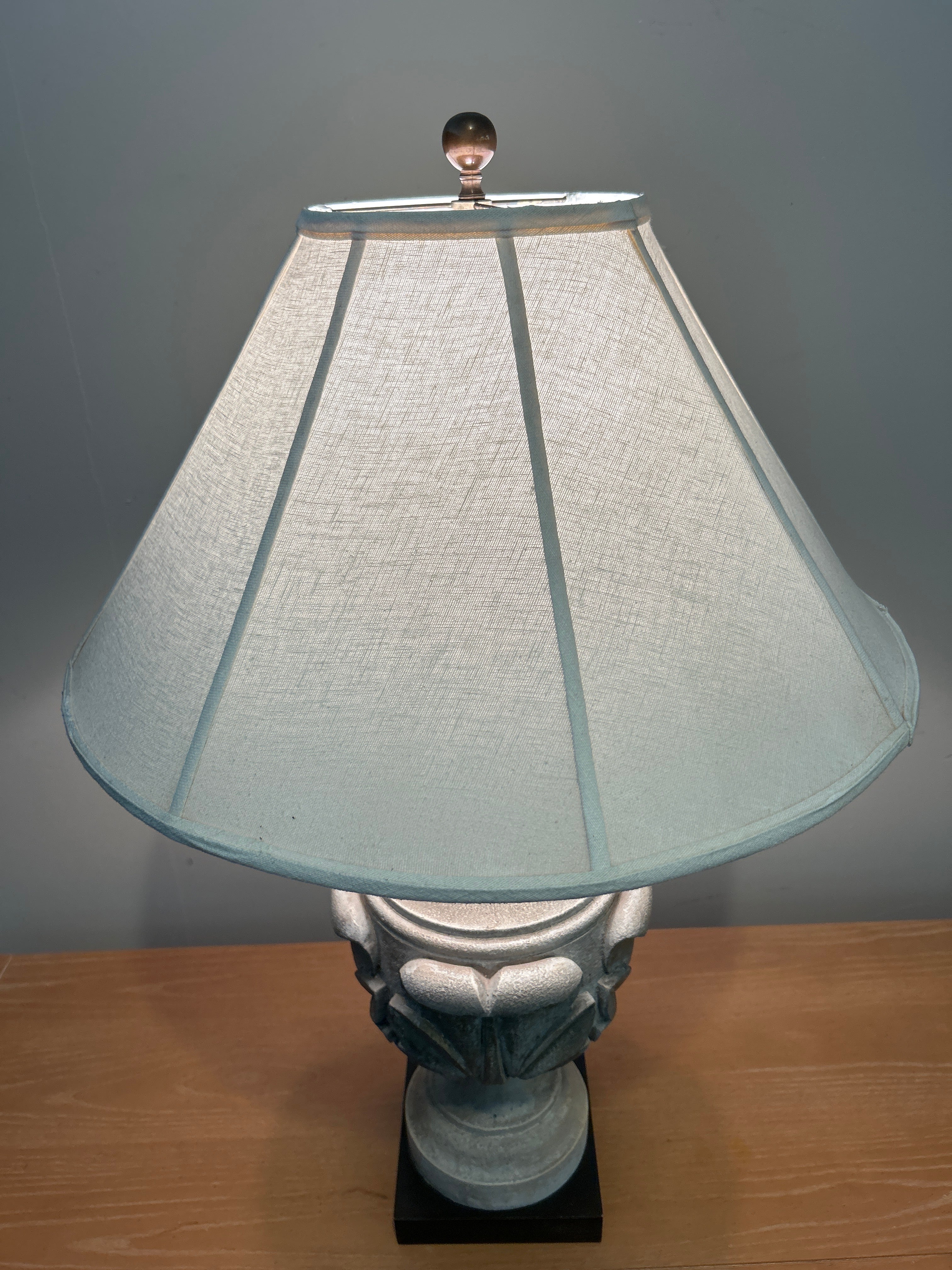 Stone-Style Urn Table Lamp with Off-White Shade