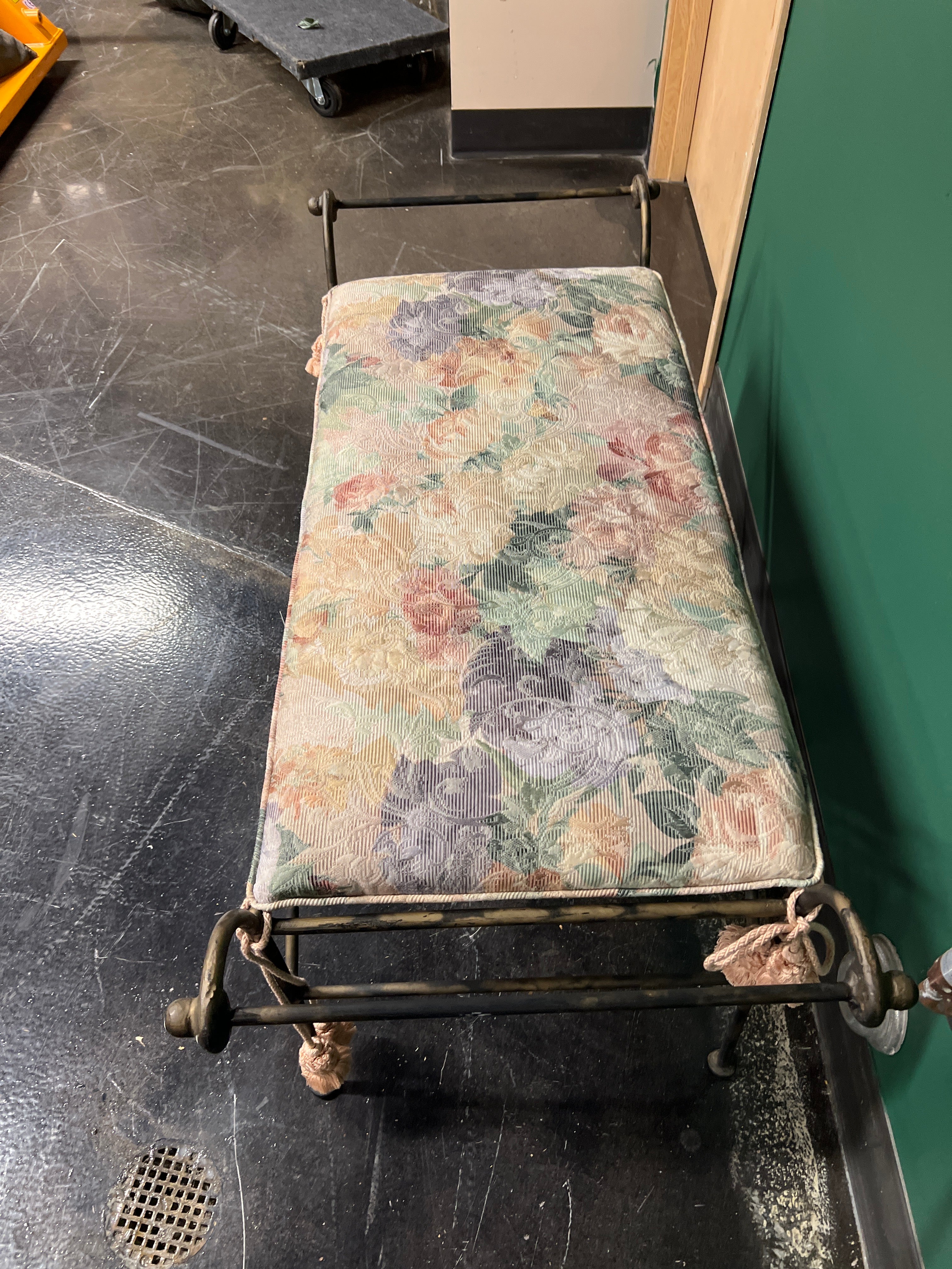 Ornate Metal Bench with Floral Upholstery