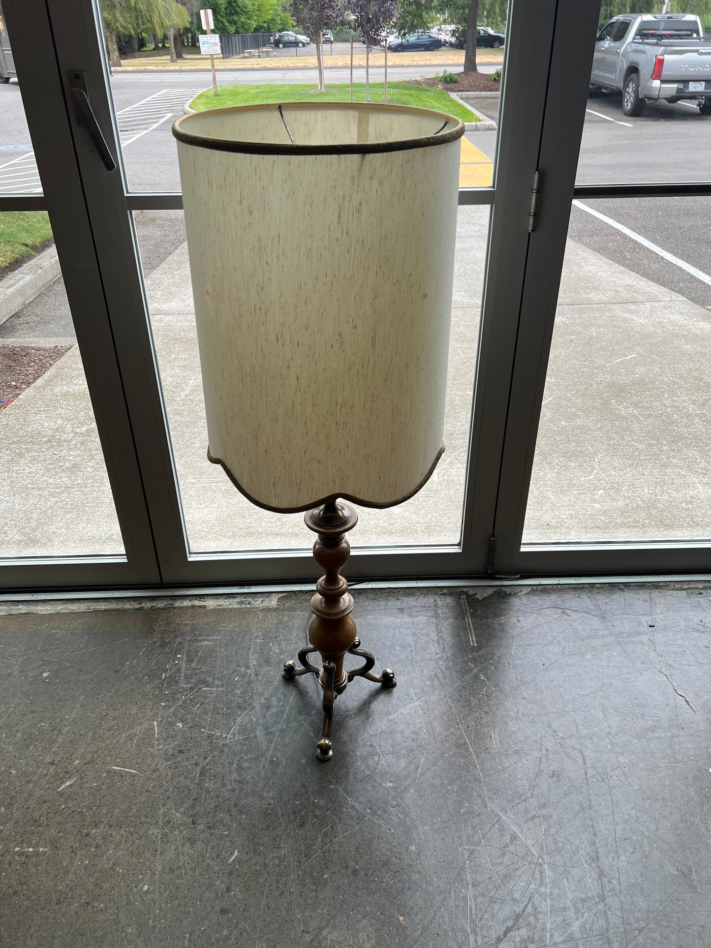 Vintage Brass Candlestick Table Lamp with Scalloped Shade