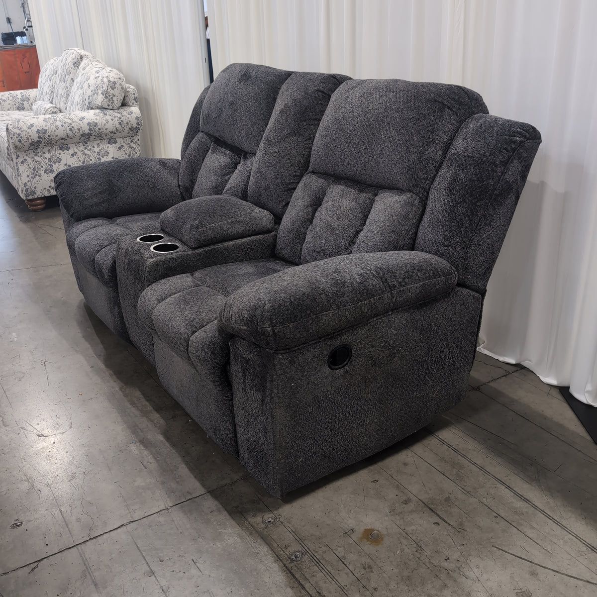 Grey Fabric Reclining Loveseat with Center Console