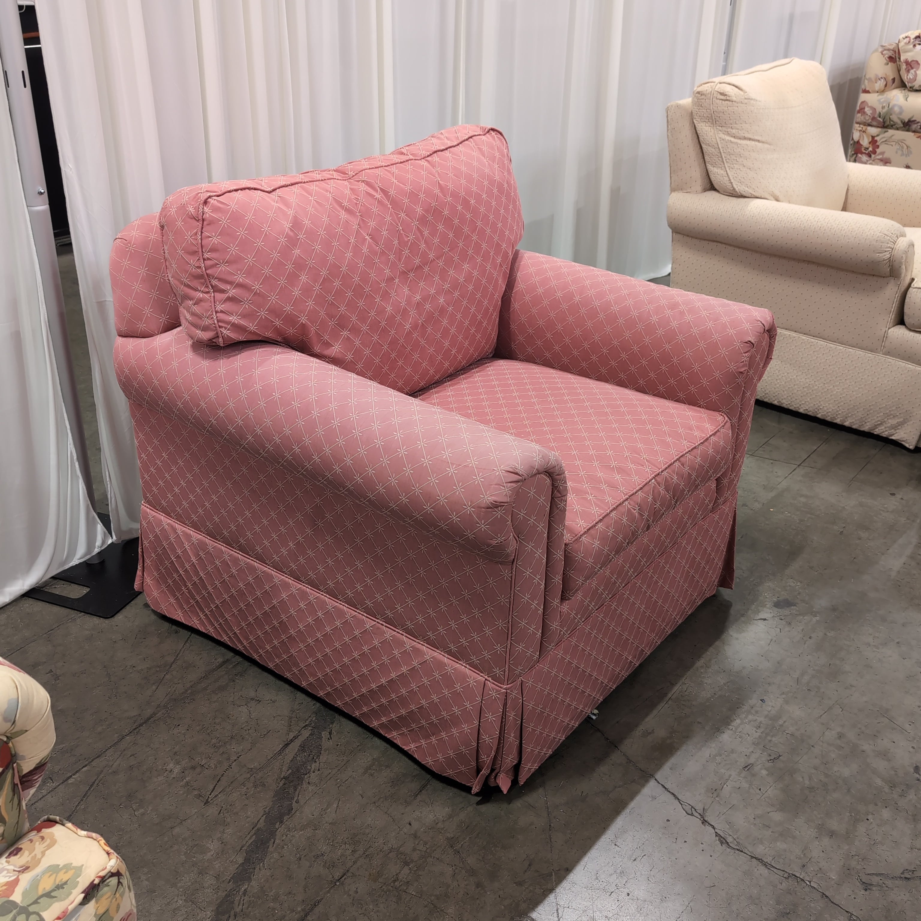 Ethan Allen Pink Geometric Pattern Armchair with Rolled Arms