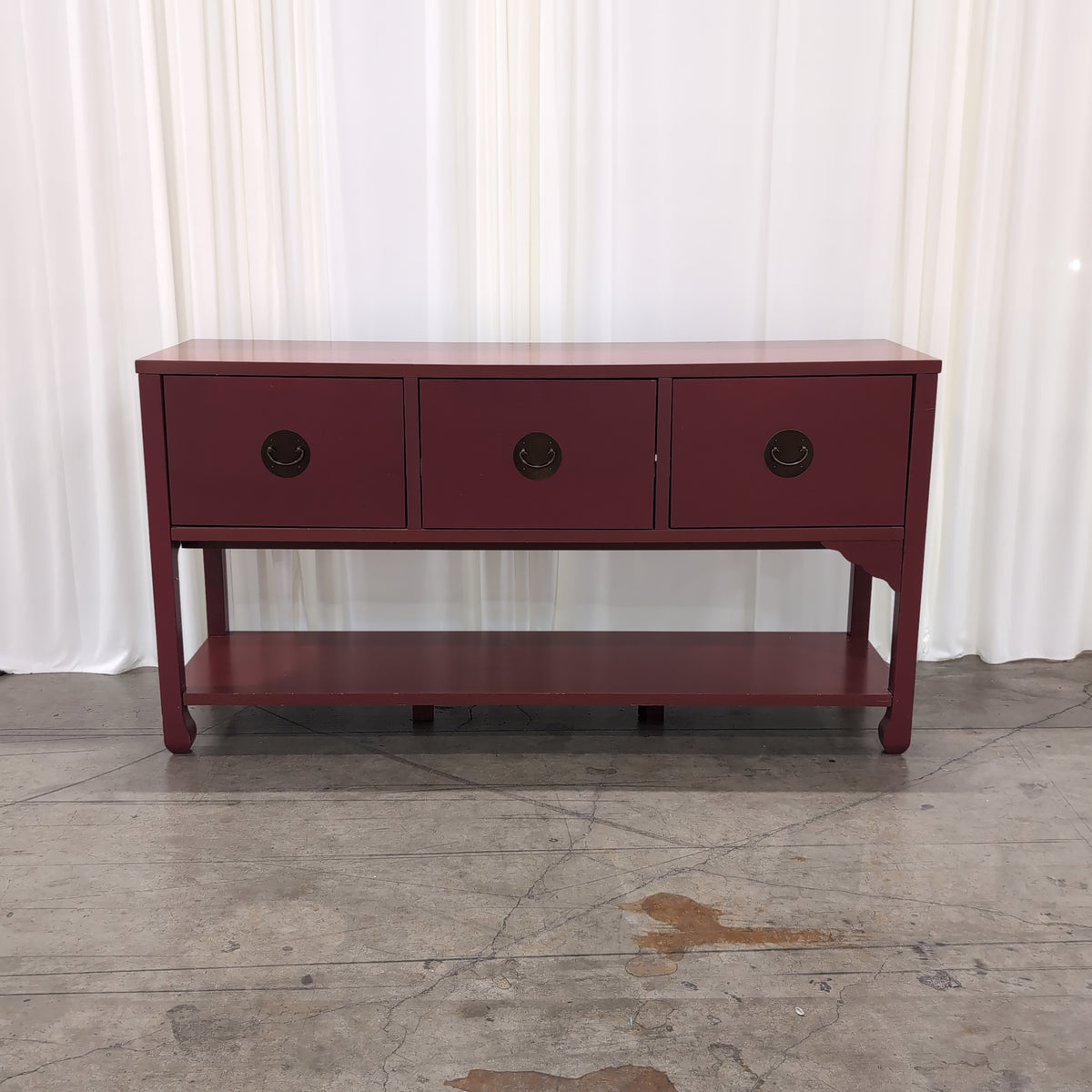 Red Wood Three-Drawer Console Table with Lower Shelf