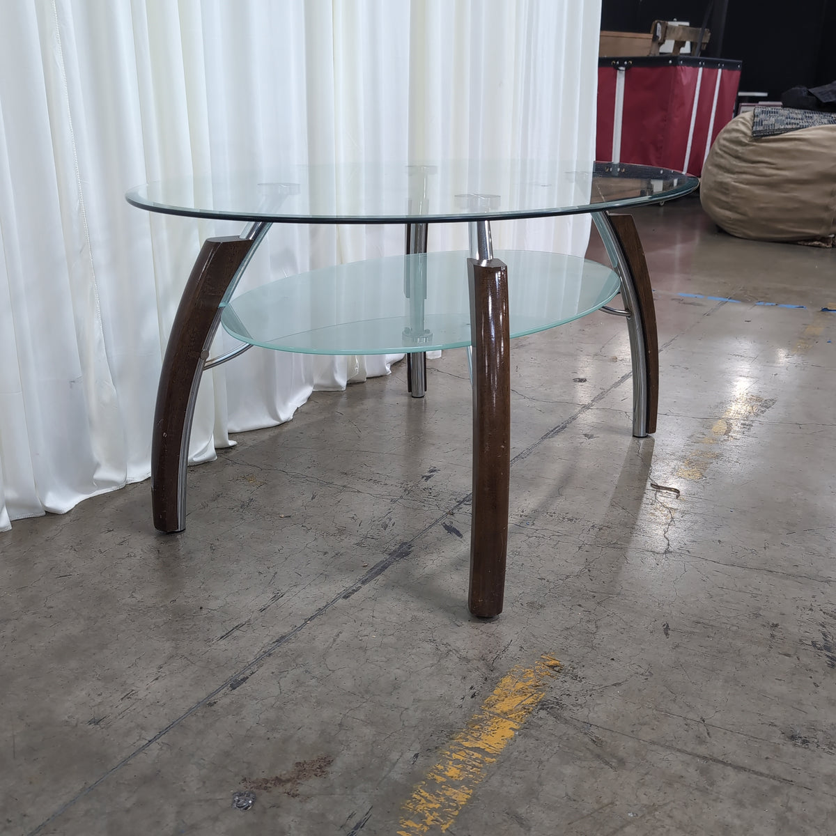 Contemporary Oval Glass Coffee Table with Wood Legs