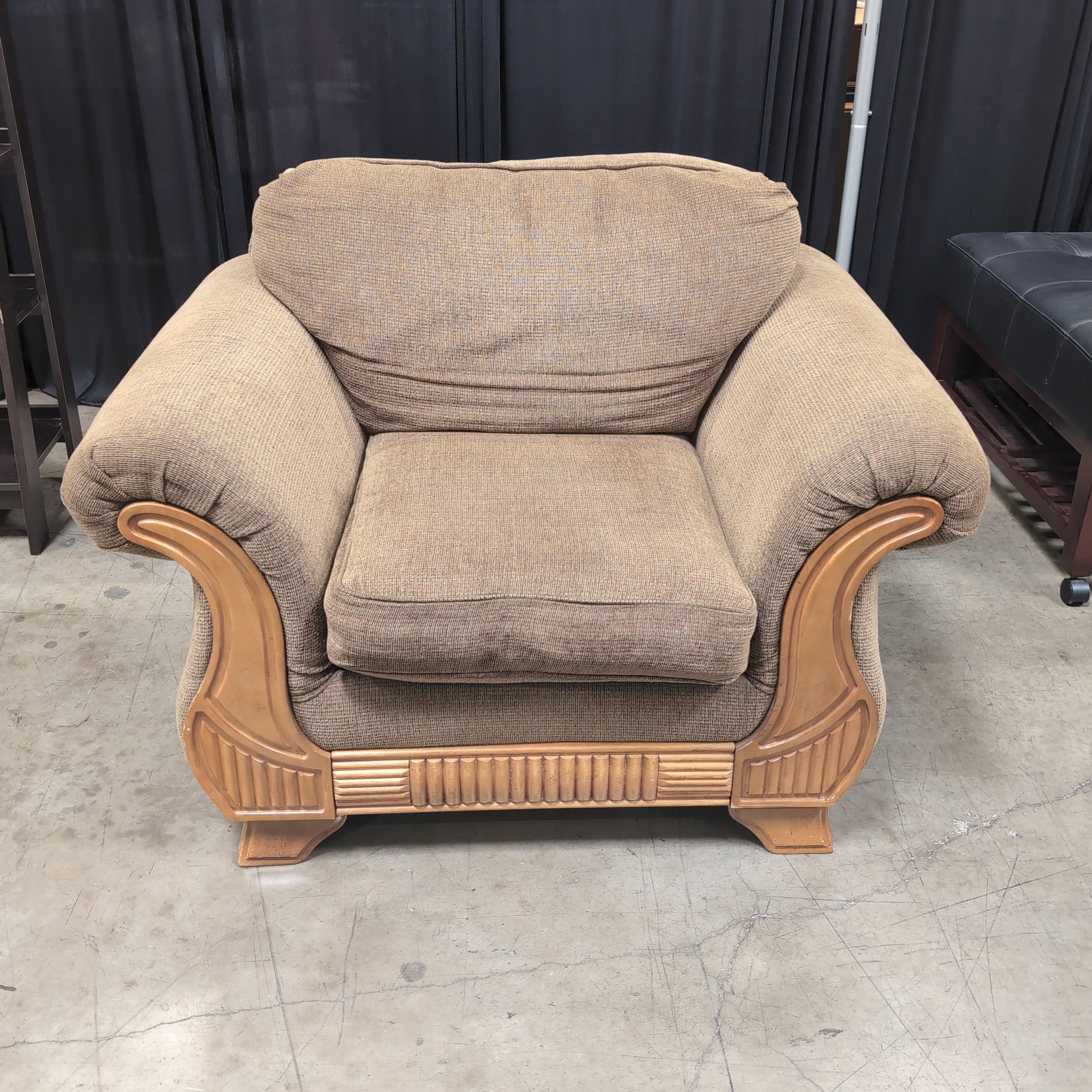 Brown Textured Fabric Armchair with Wood Accents