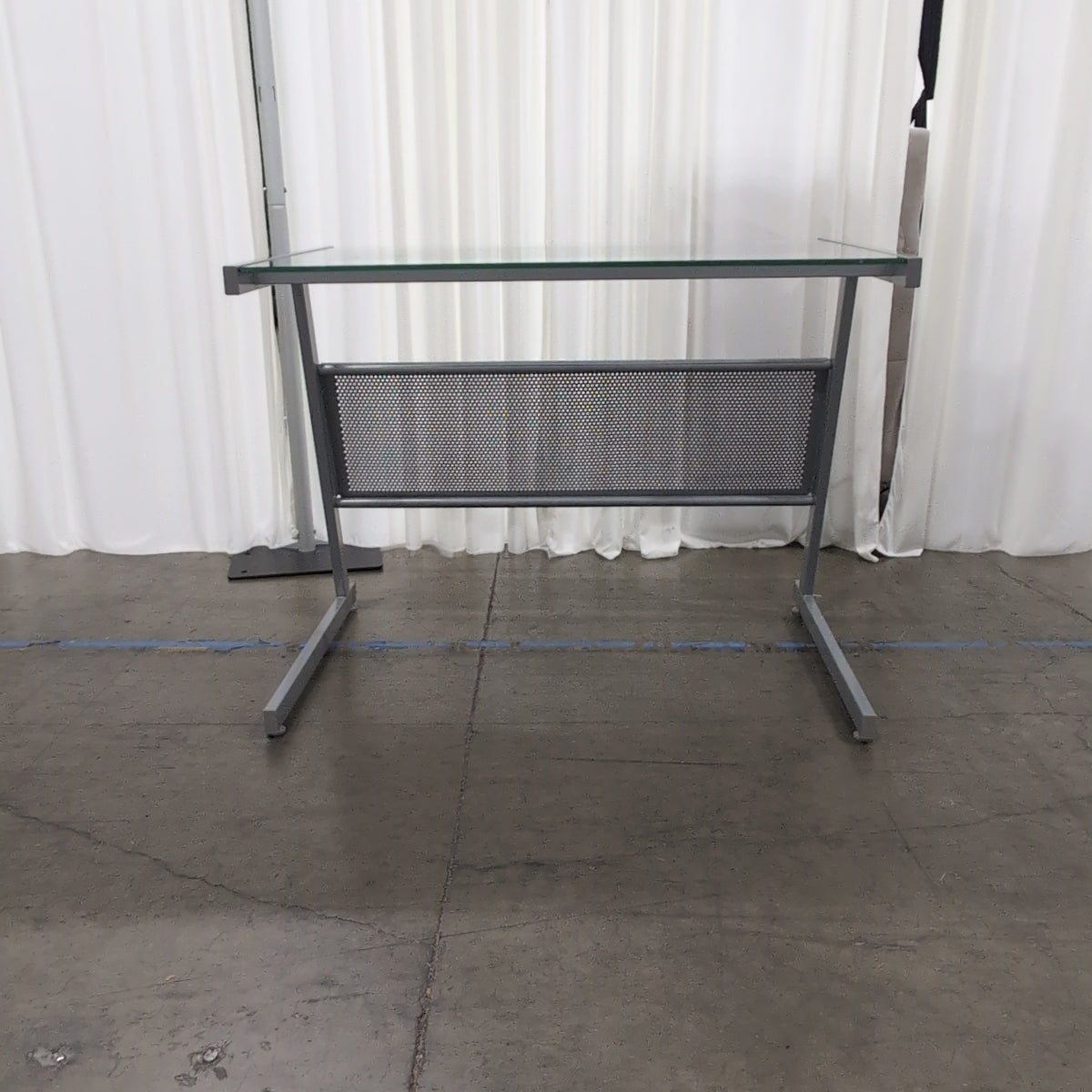 Modern Silver Metal and Glass Desk with Perforated Shelf