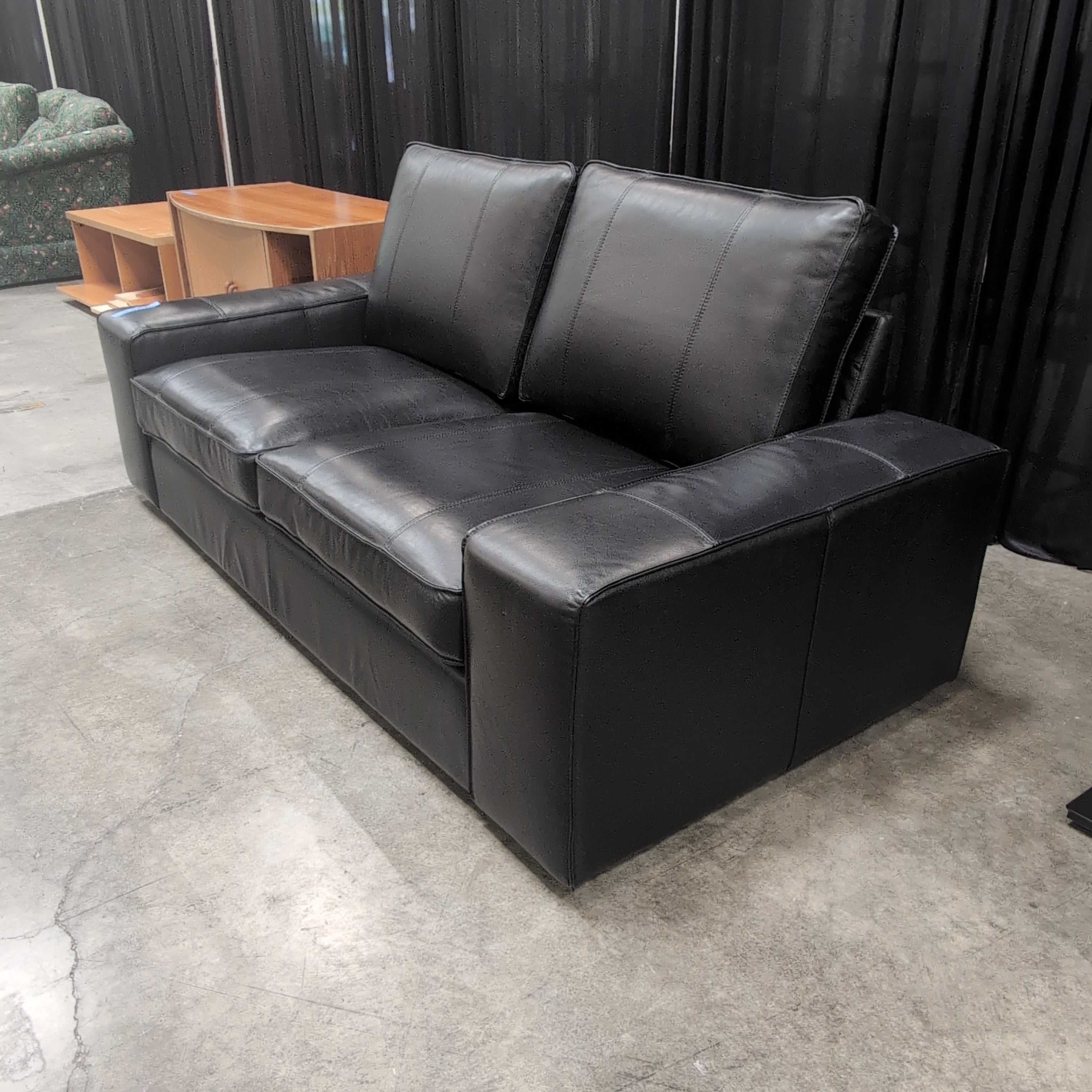 Modern Black Faux Leather Couch with Square Arms