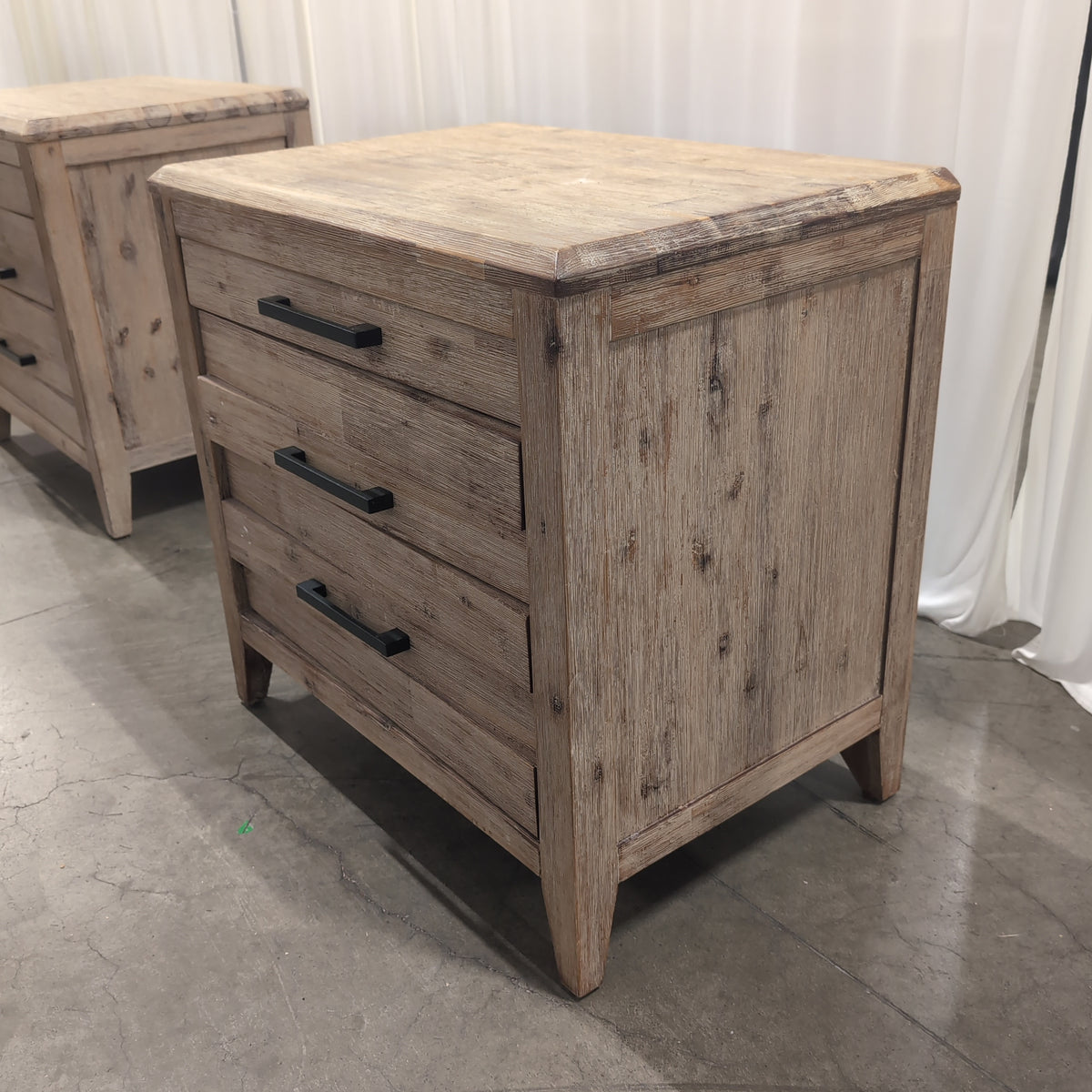 Distressed Light Wood Three-Drawer Nightstand