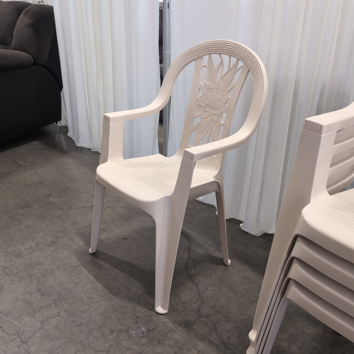 Set of Six White Plastic Stackable Outdoor Chair with Floral Backrest