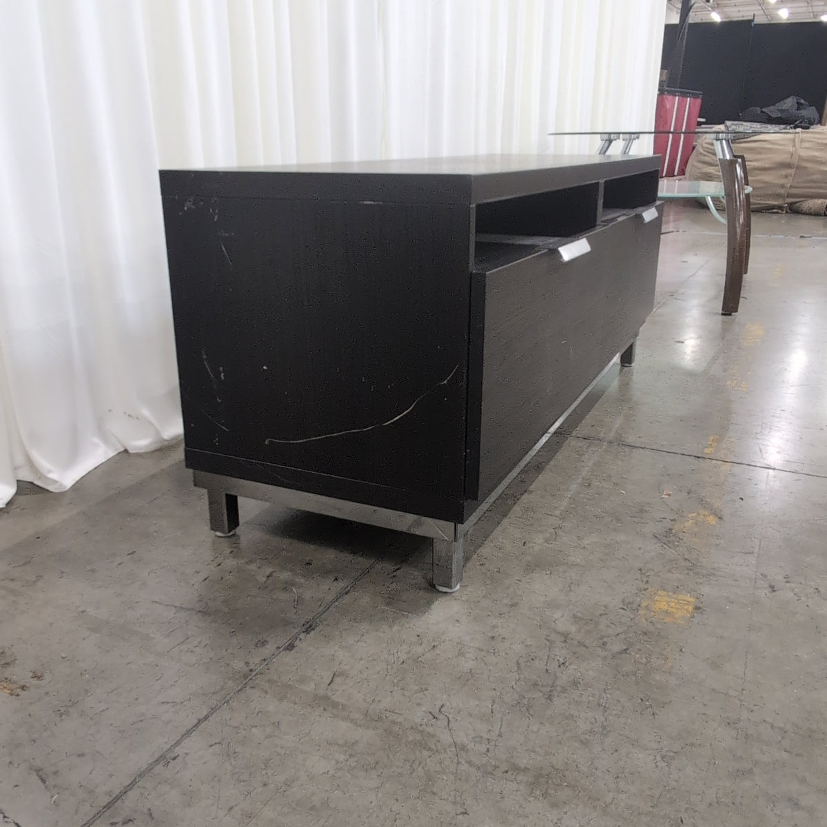 Dark Brown Wood TV Stand with Silver Hardware