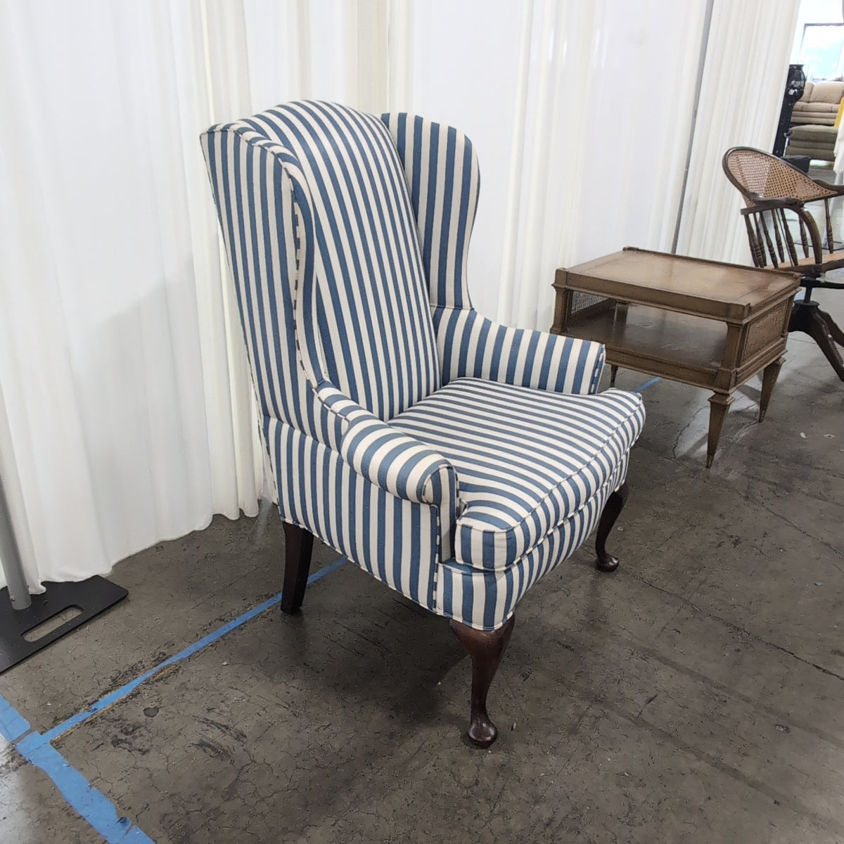 Upholstered Blue and White Striped Wingback Chair with Cabriole Legs
