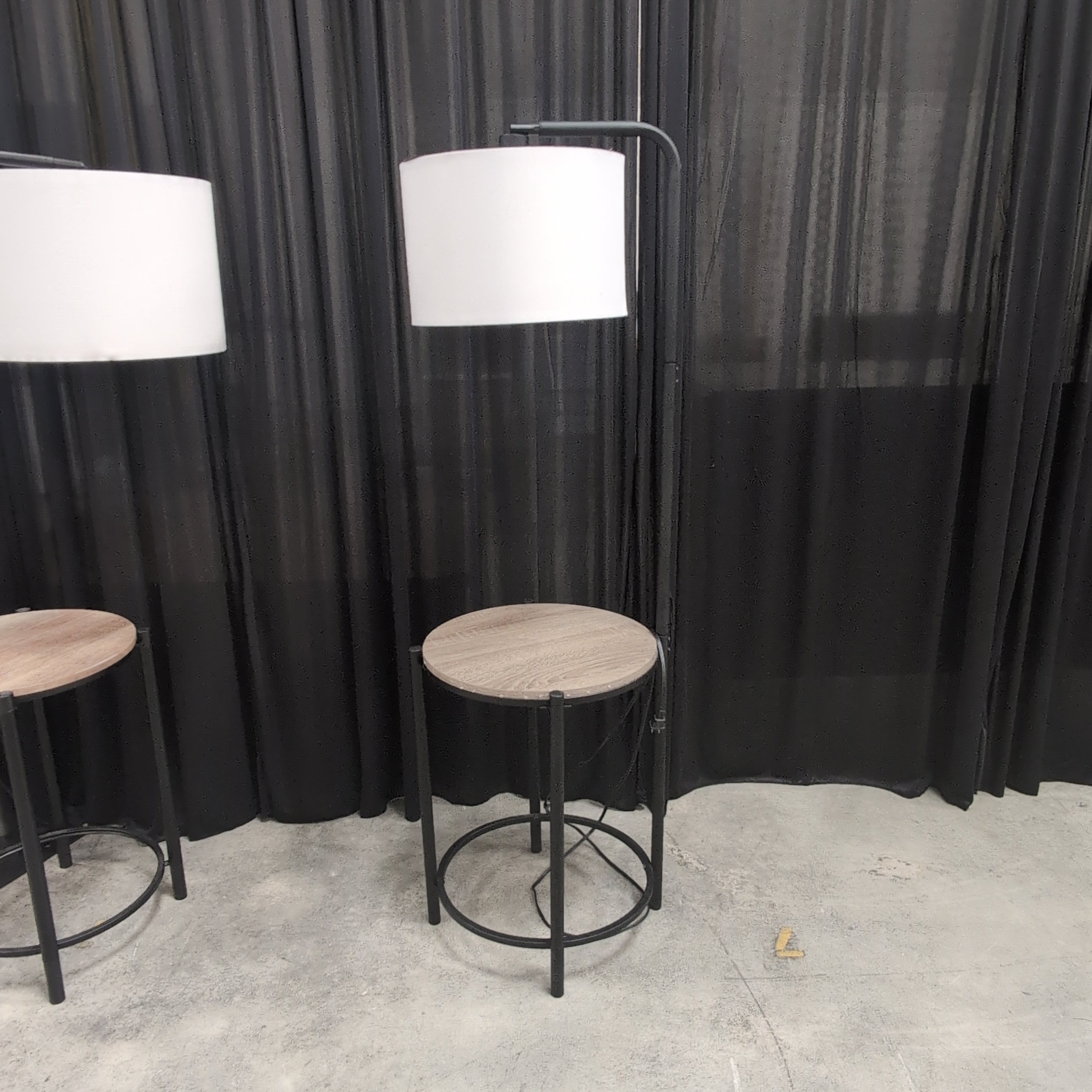 Black Metal Floor Lamp with Round Wood Table