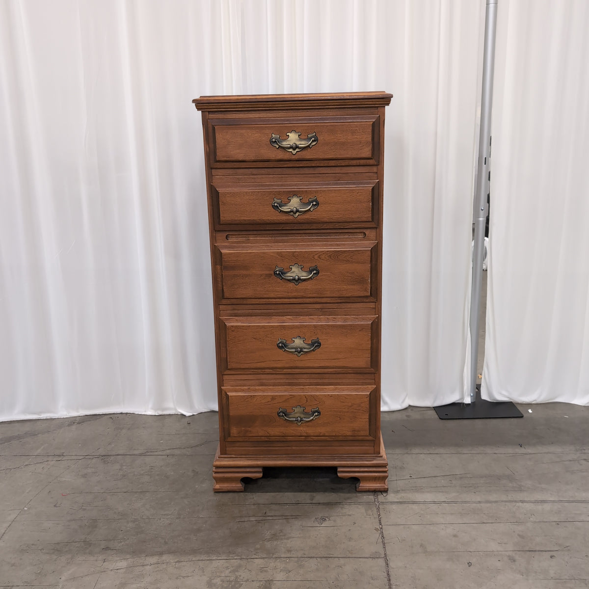 Cherry-Stained Wood Five-Drawer Dresser with Ornate Pulls