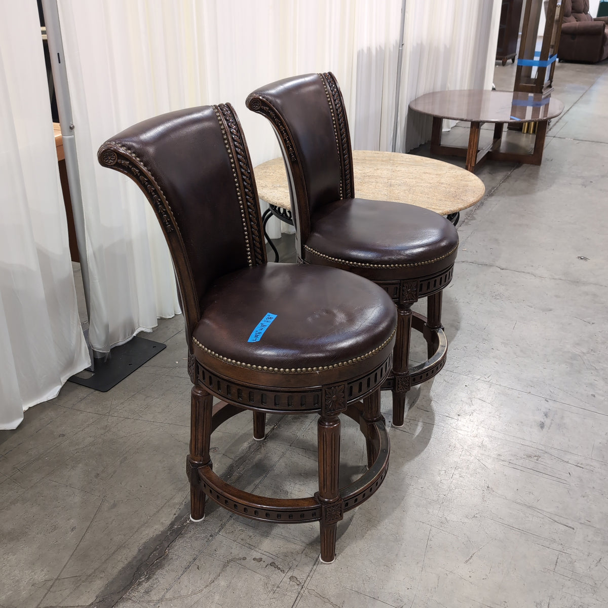 Pair of Dark Brown Upholstered Swivel Bar Stool with Nailhead Trim