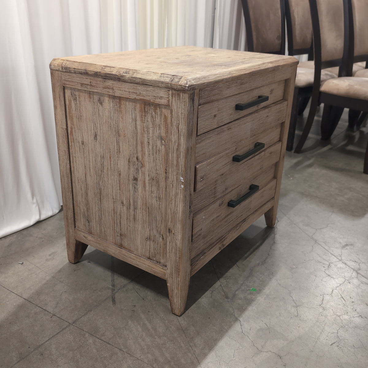 Distressed Light Wood Three-Drawer Nightstand