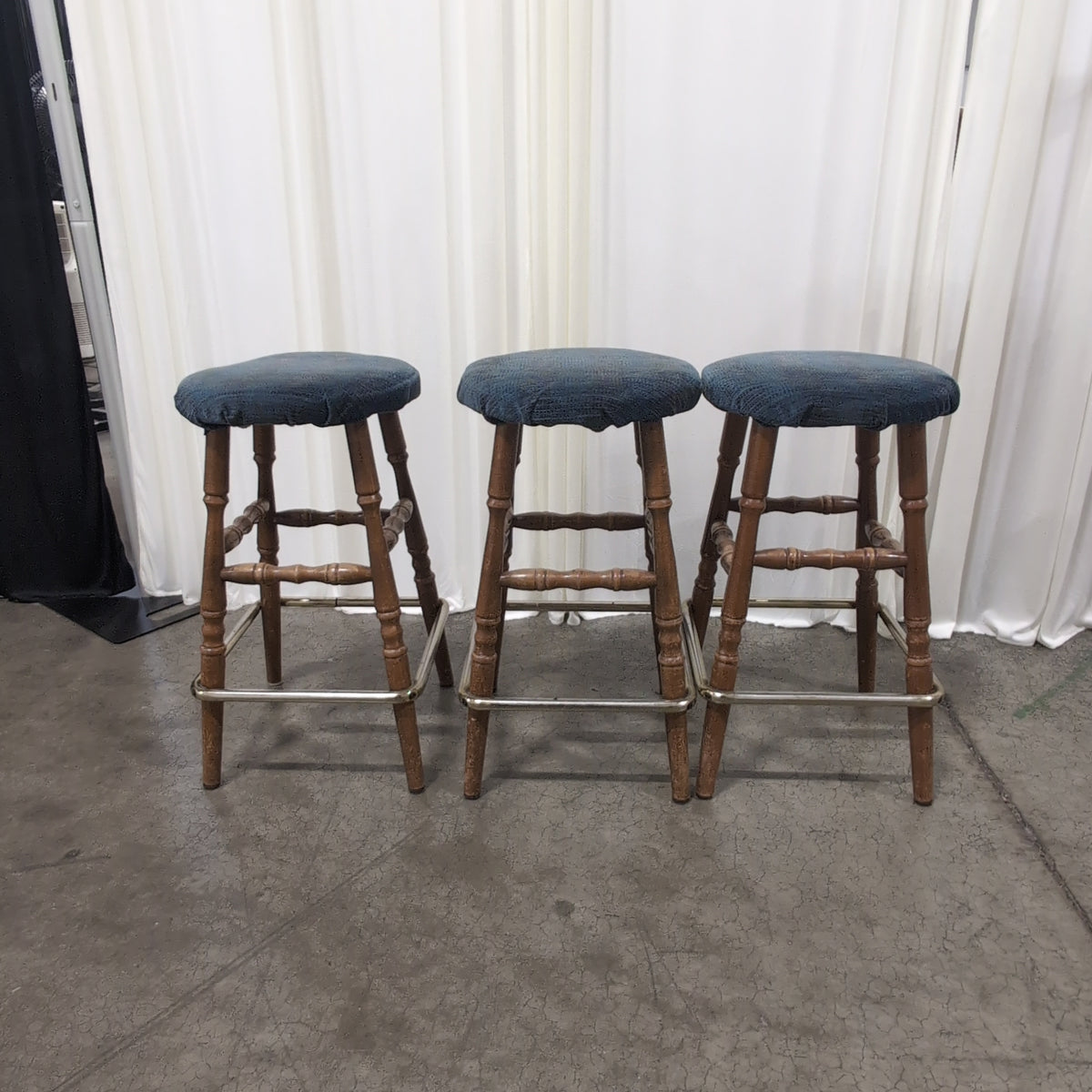 Set of Three Round Blue Upholstered Dark Wood Bar Stool